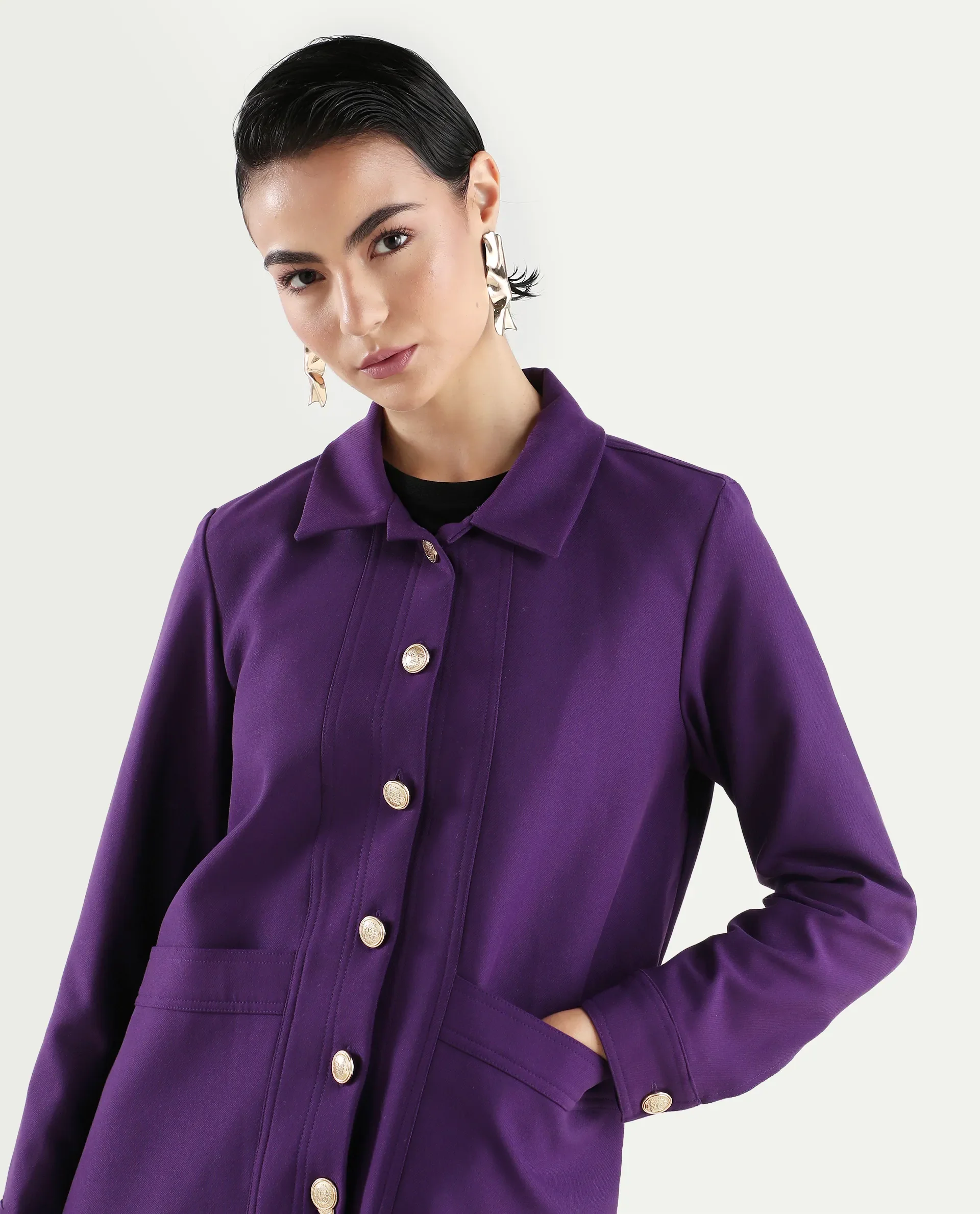 Rareism Women's Yeppon Purple Spread Collar Plain Cuffed Sleeve Hip Length Boxy Fit Jacket - Image 5