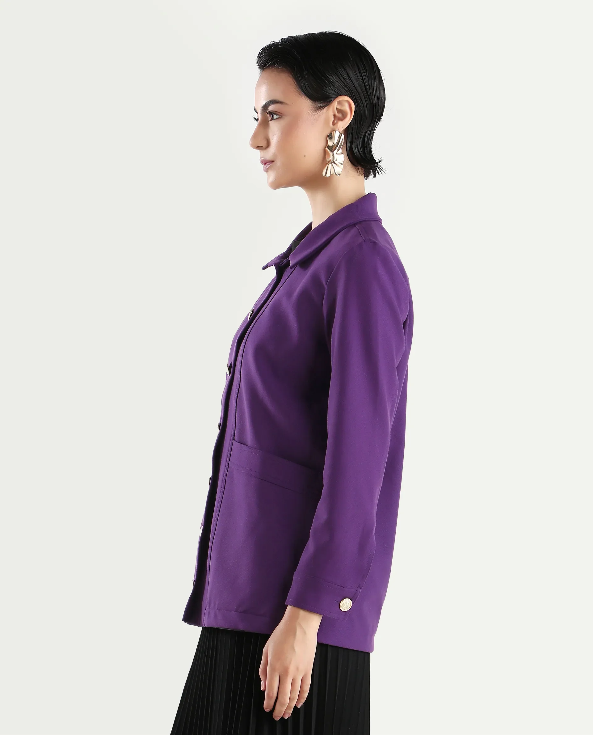 Rareism Women's Yeppon Purple Spread Collar Plain Cuffed Sleeve Hip Length Boxy Fit Jacket - Image 6