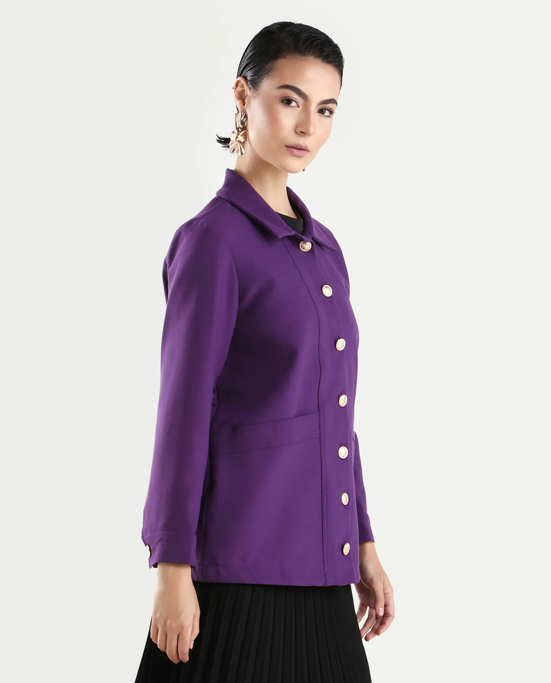 Rareism Women's Yeppon Purple Spread Collar Plain Cuffed Sleeve Hip Length Boxy Fit Jacket - Image 7