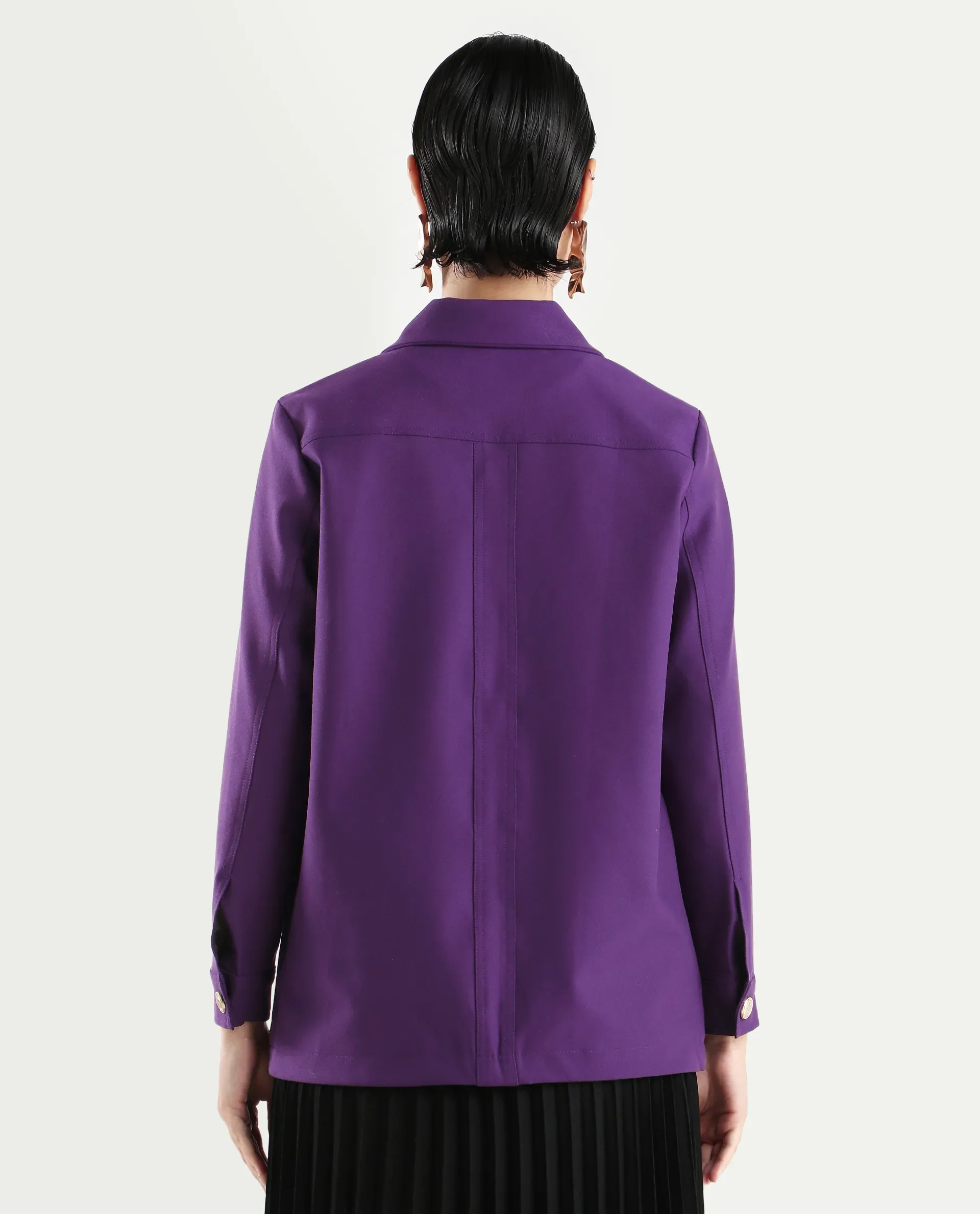 Rareism Women's Yeppon Purple Spread Collar Plain Cuffed Sleeve Hip Length Boxy Fit Jacket - Image 8