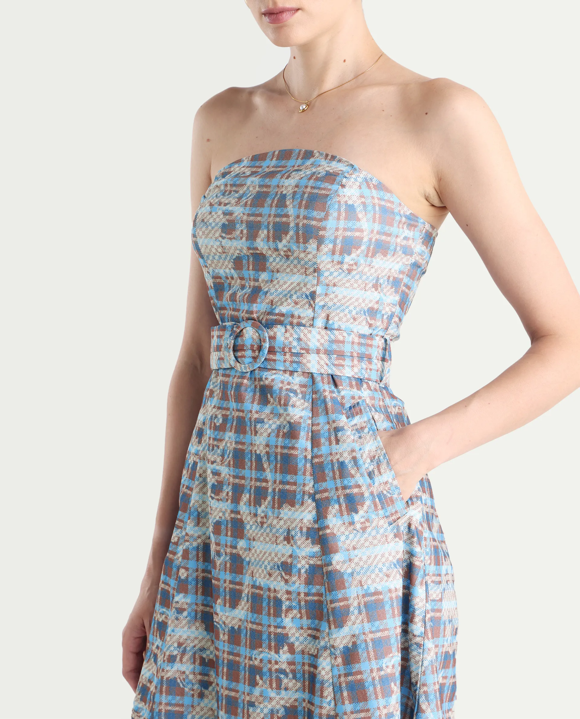 Rareism Women's Yerd Blue Cotton Blend Tube Neck Geometric Print Sleeveless Midi Flared Dress - Image 4