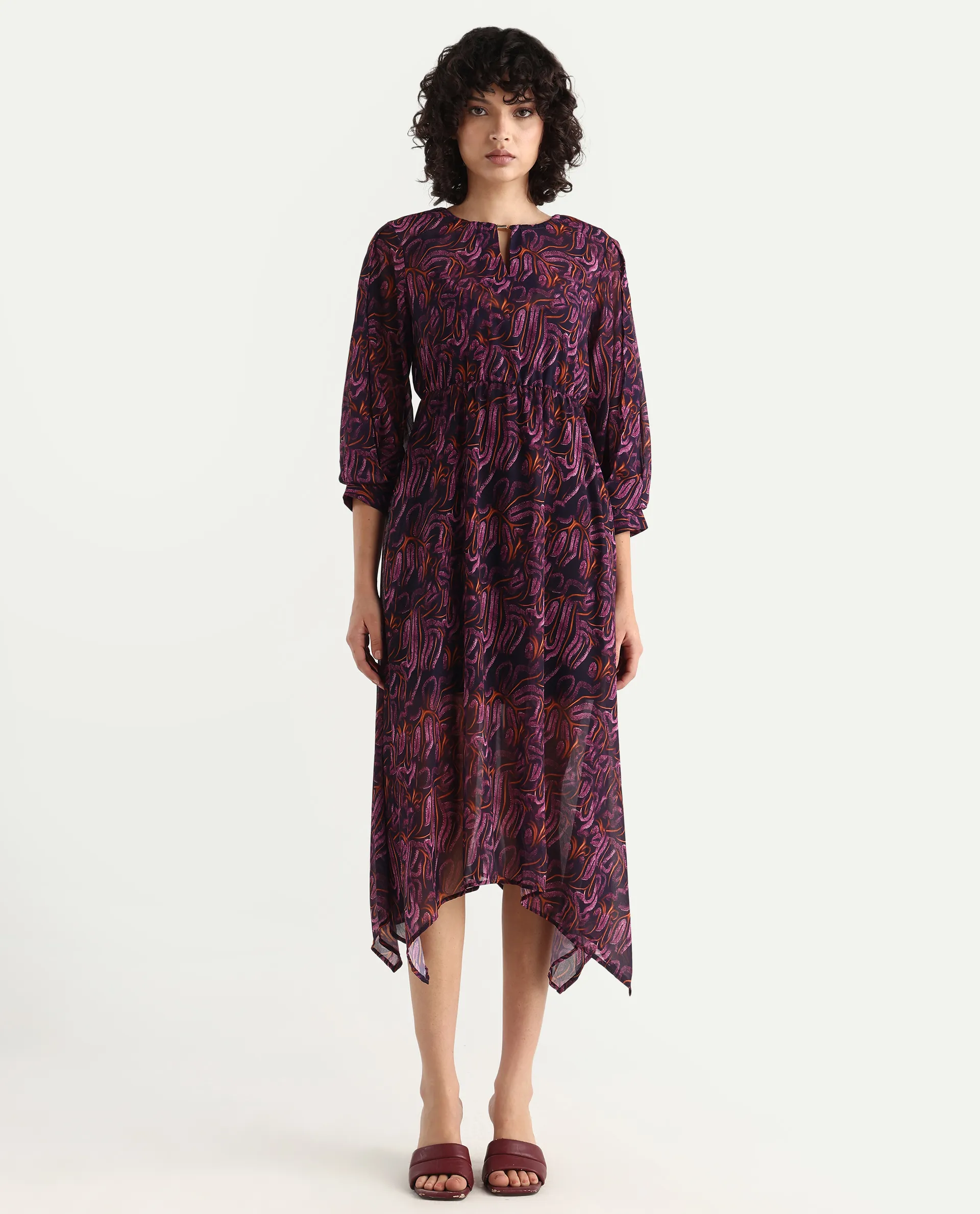 Rareism Women's Yerevan Dark Multi Polyester Crew Neck Abstract Print Puff Sleeves Midi Asymmetric Dress - Image 2
