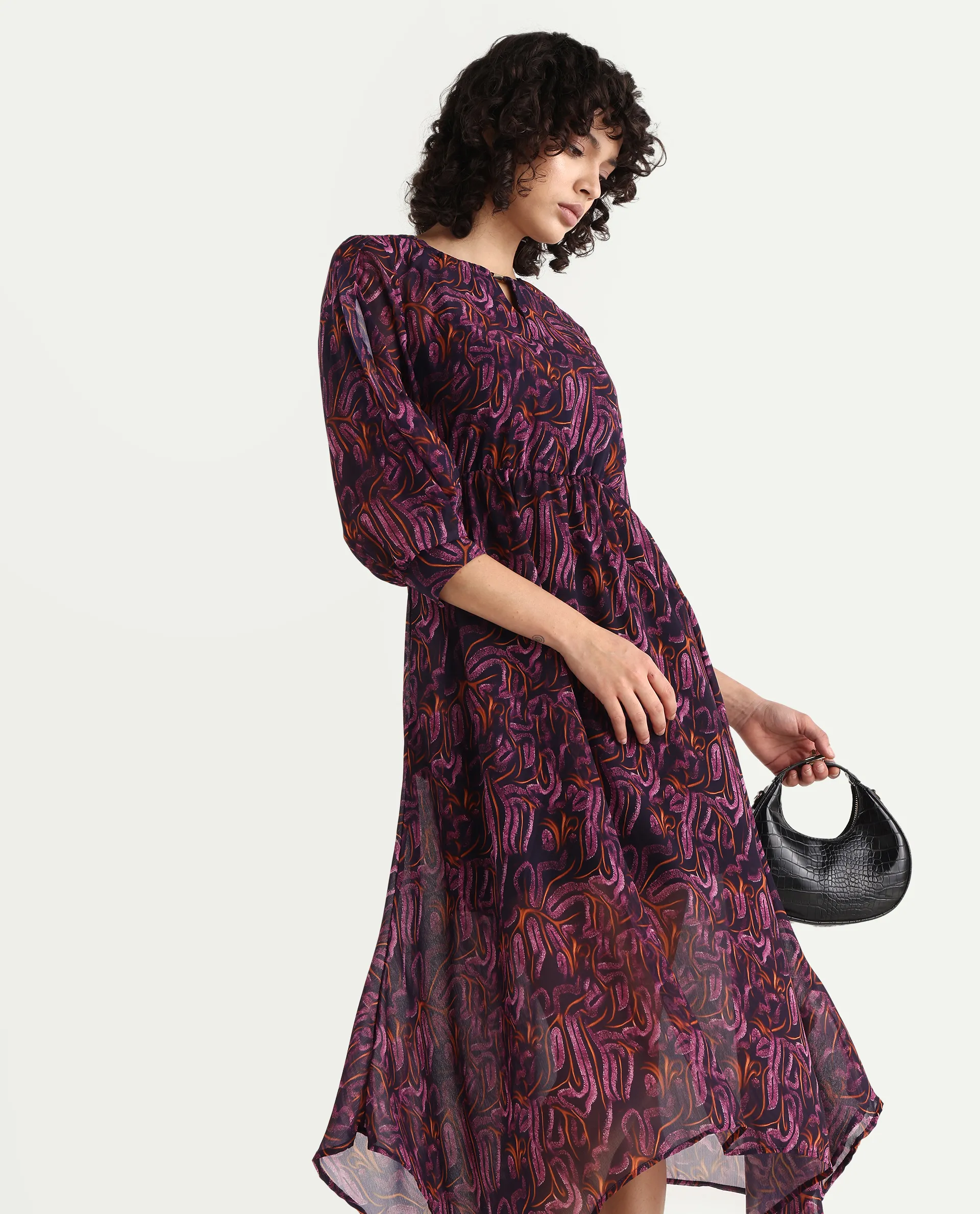 Rareism Women's Yerevan Dark Multi Polyester Crew Neck Abstract Print Puff Sleeves Midi Asymmetric Dress - Image 3