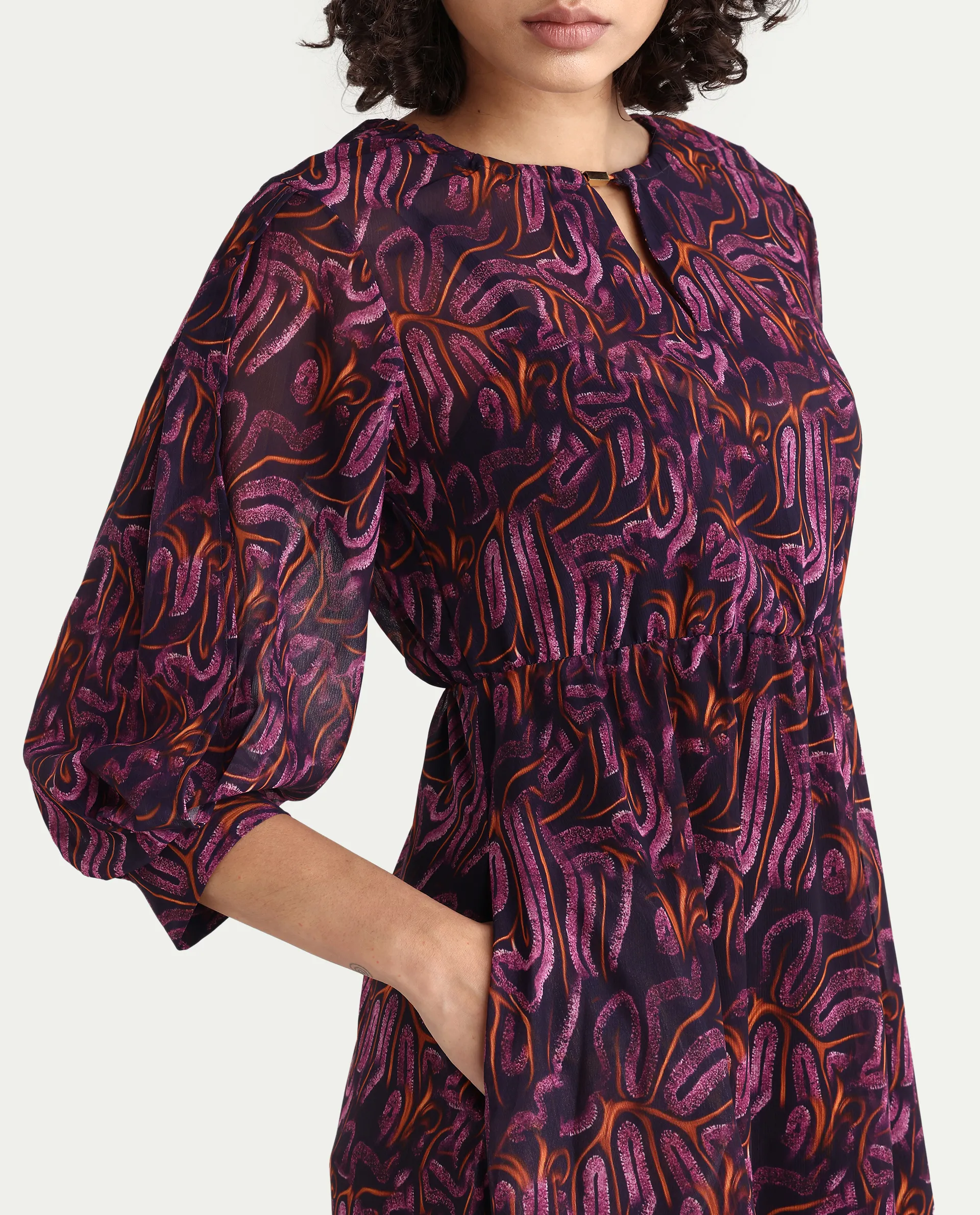 Rareism Women's Yerevan Dark Multi Polyester Crew Neck Abstract Print Puff Sleeves Midi Asymmetric Dress - Image 4