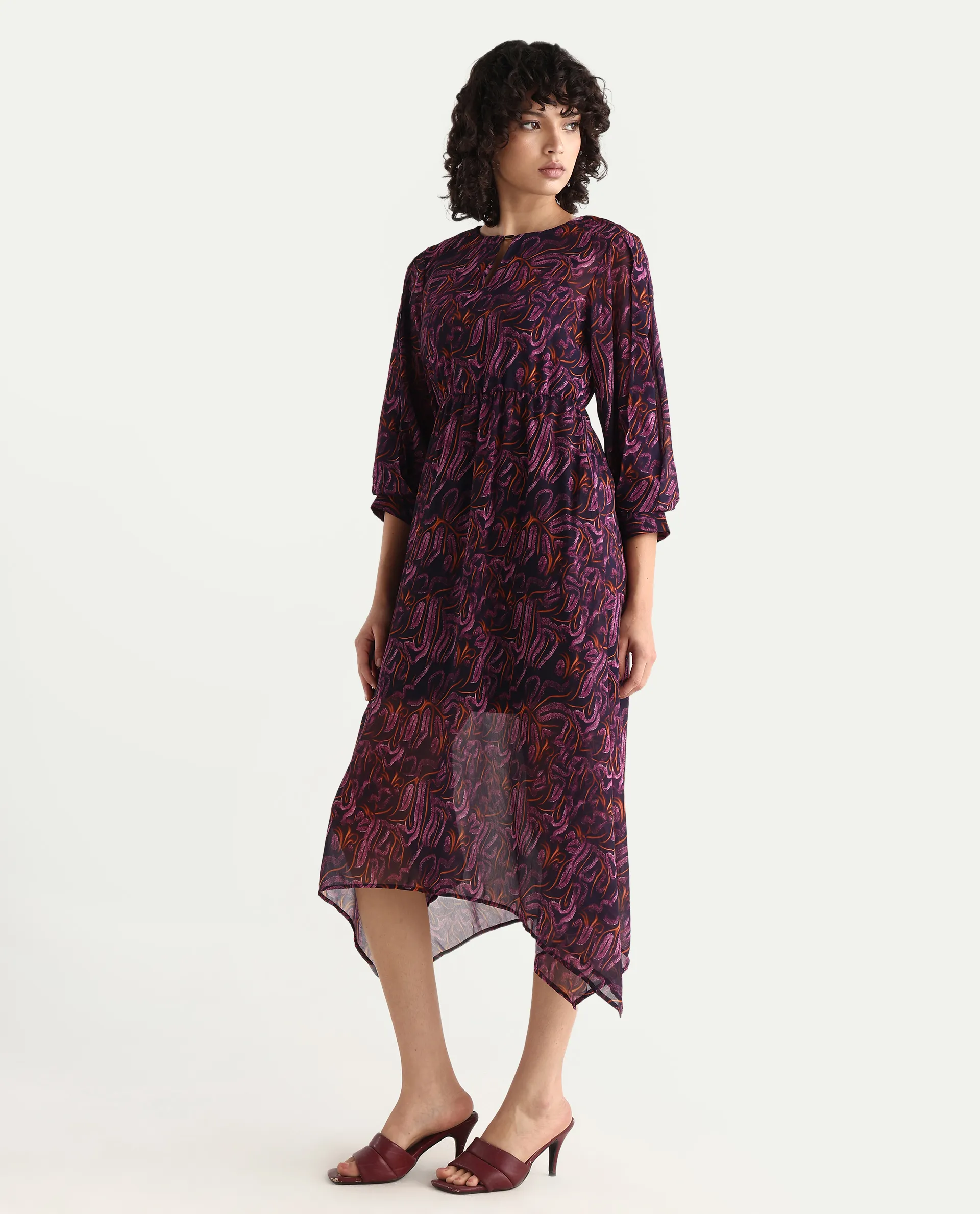 Rareism Women's Yerevan Dark Multi Polyester Crew Neck Abstract Print Puff Sleeves Midi Asymmetric Dress - Image 5