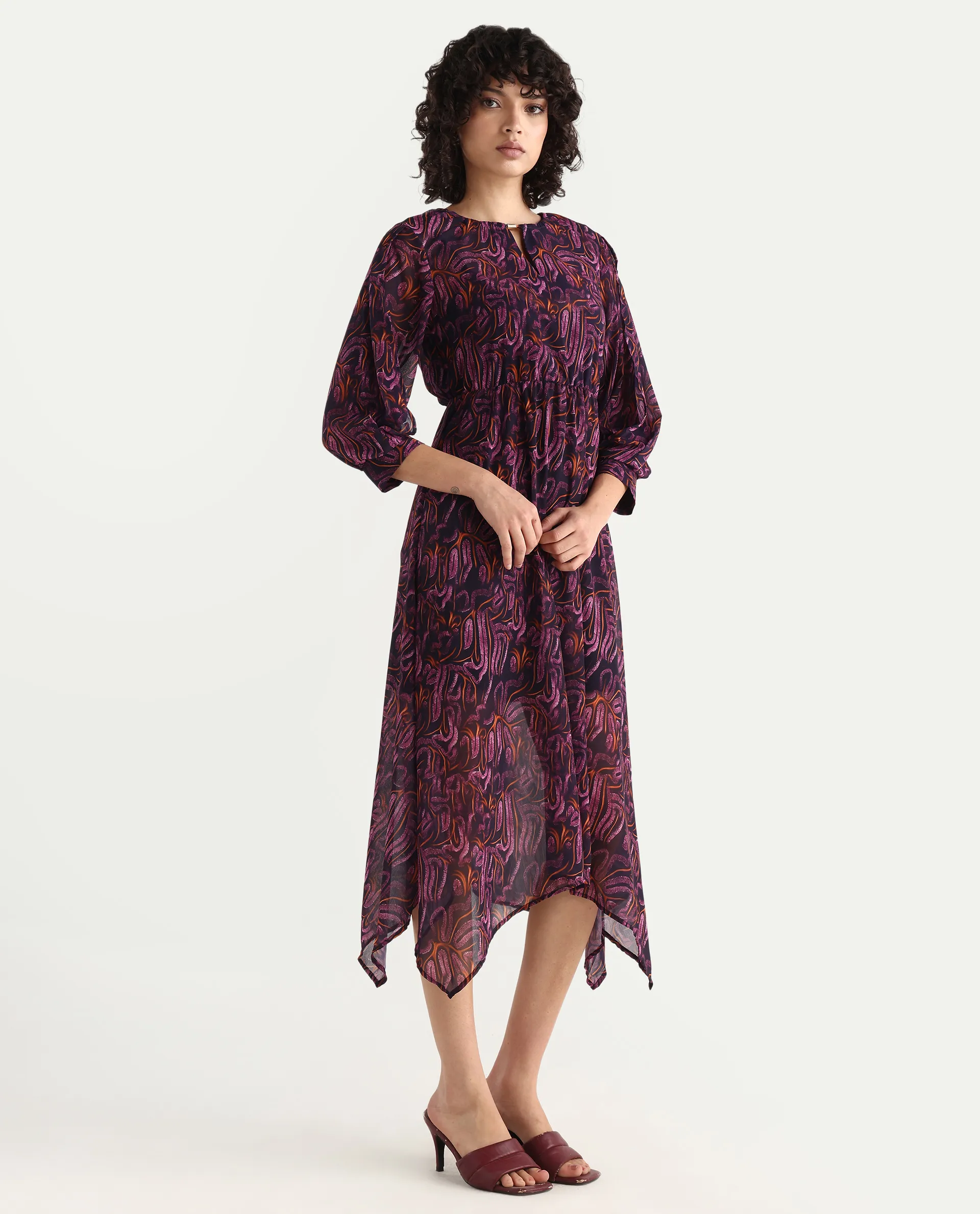 Rareism Women's Yerevan Dark Multi Polyester Crew Neck Abstract Print Puff Sleeves Midi Asymmetric Dress - Image 6