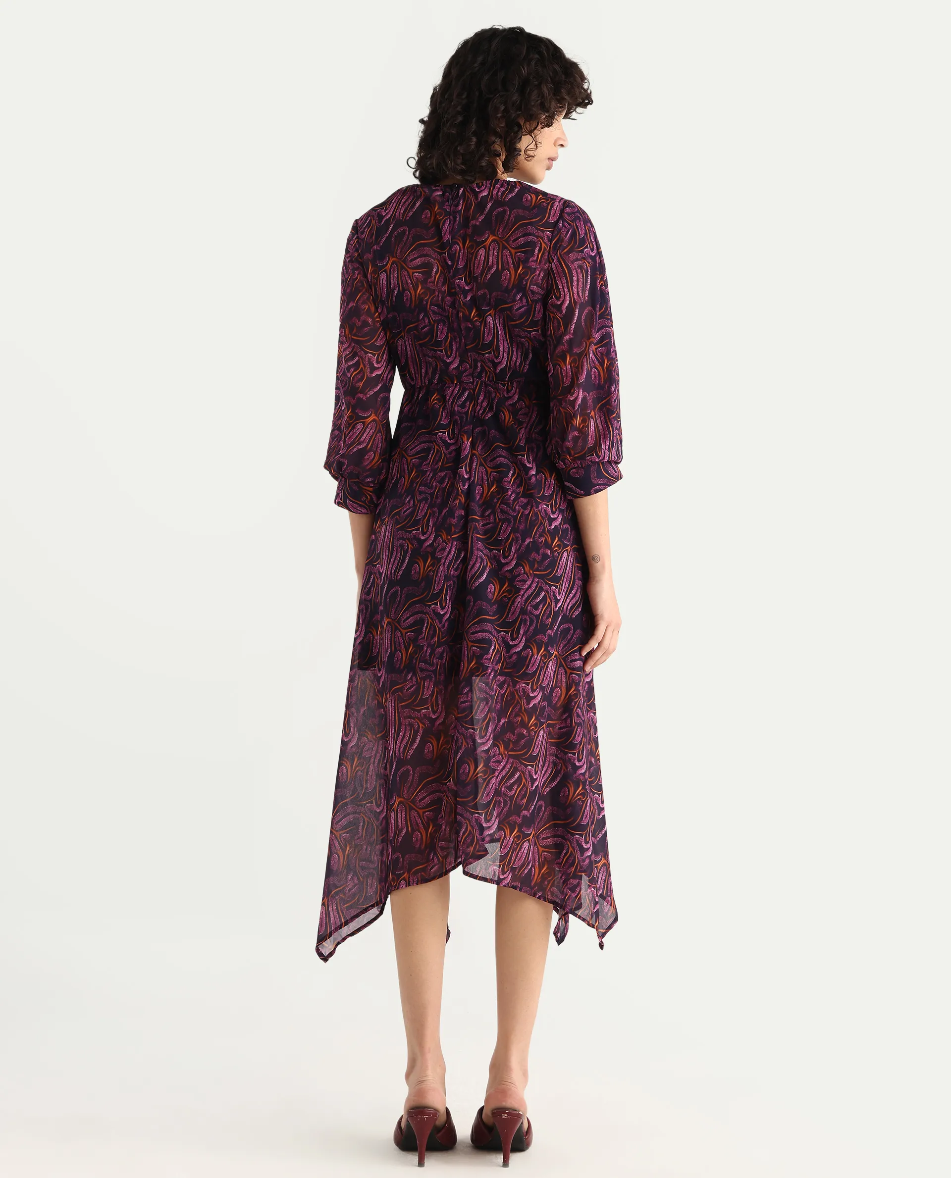 Rareism Women's Yerevan Dark Multi Polyester Crew Neck Abstract Print Puff Sleeves Midi Asymmetric Dress - Image 7