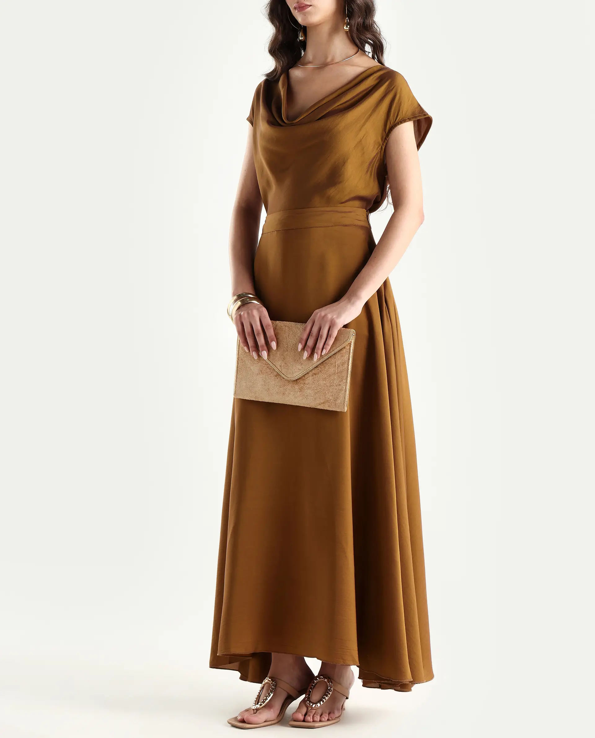 Rareism Women's Yesmar Metallic Gold Polyester Plain Maxi Flared Skirt