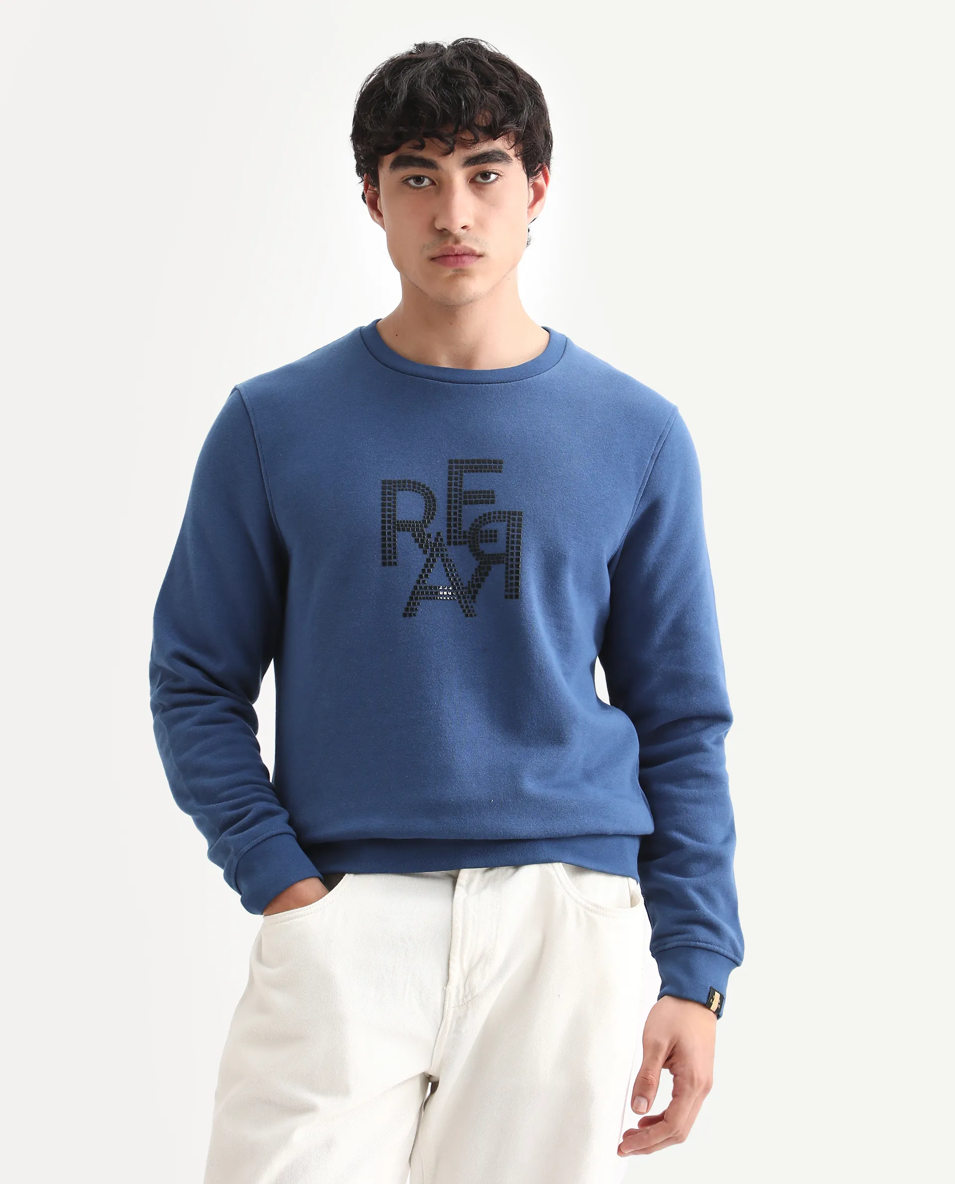 Rare Rabbit Men's Yevs Dark Blue Cotton Graphic Print Regular Fit Full Sleeve Crew Neck Sweatshirt - Image 3