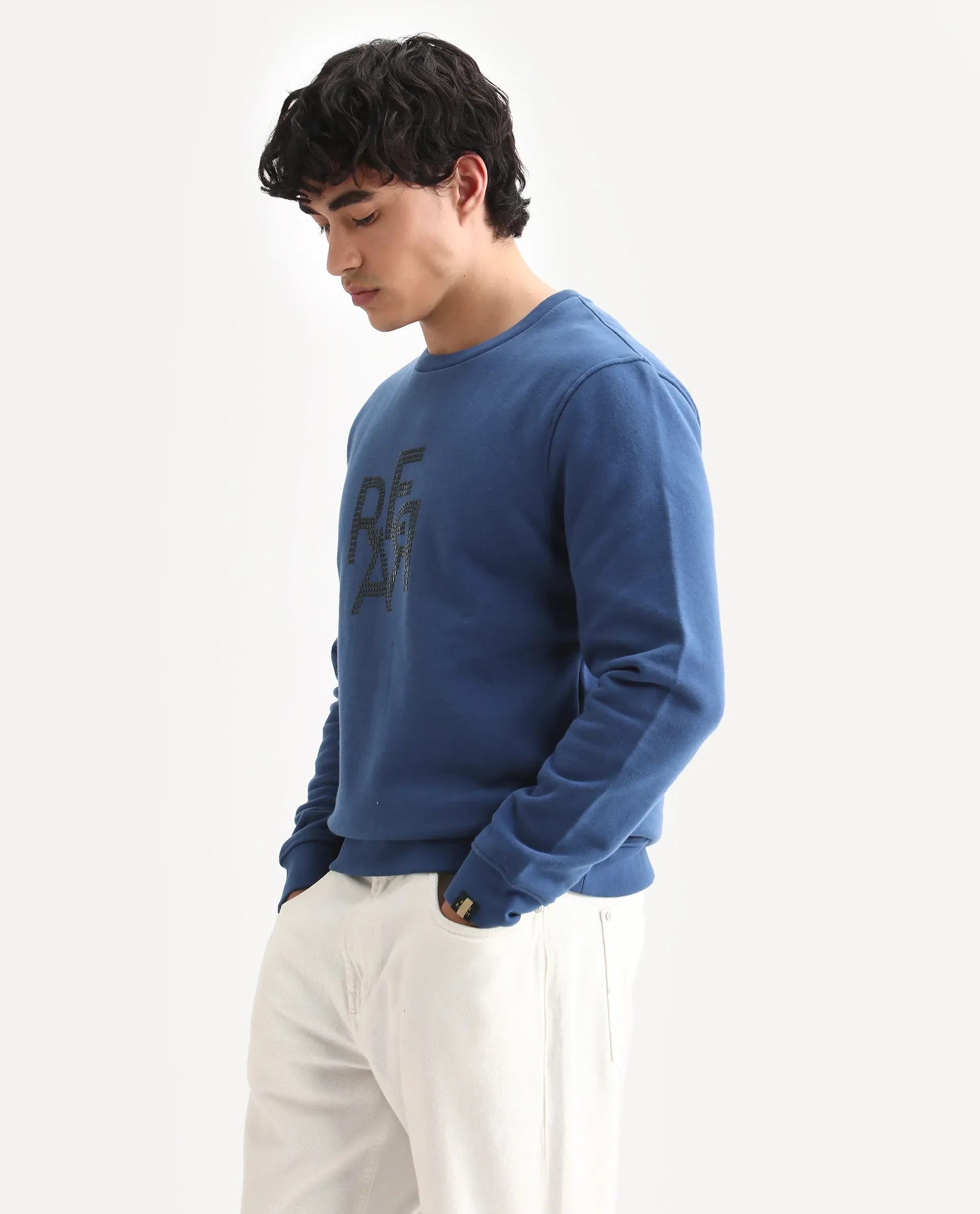 Rare Rabbit Men's Yevs Dark Blue Cotton Graphic Print Regular Fit Full Sleeve Crew Neck Sweatshirt - Image 4
