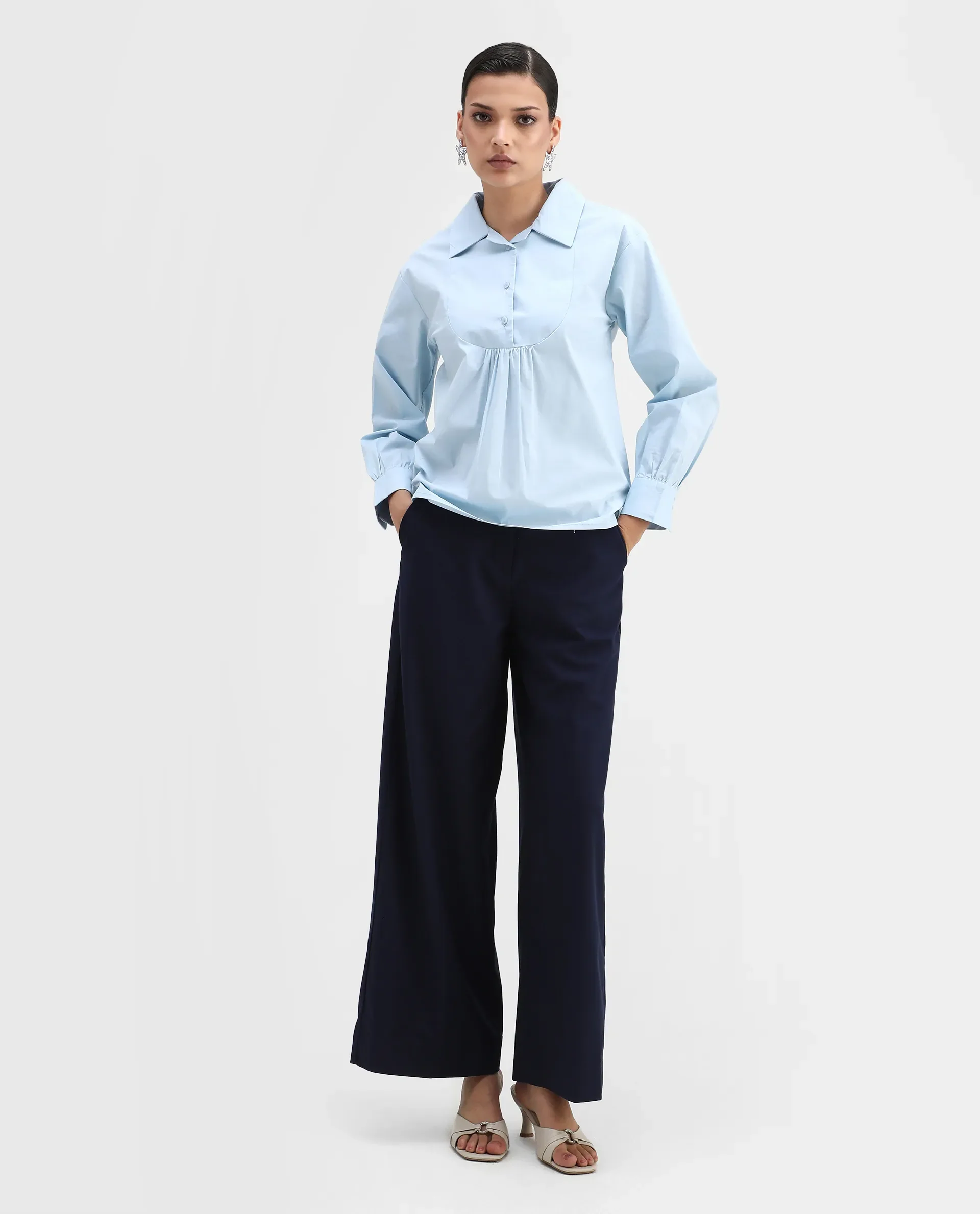 Rareism Women's Yit Light Blue Cotton Blend Drop Collar Plain Bishop Sleeve Relaxed Fit Top - Image 2