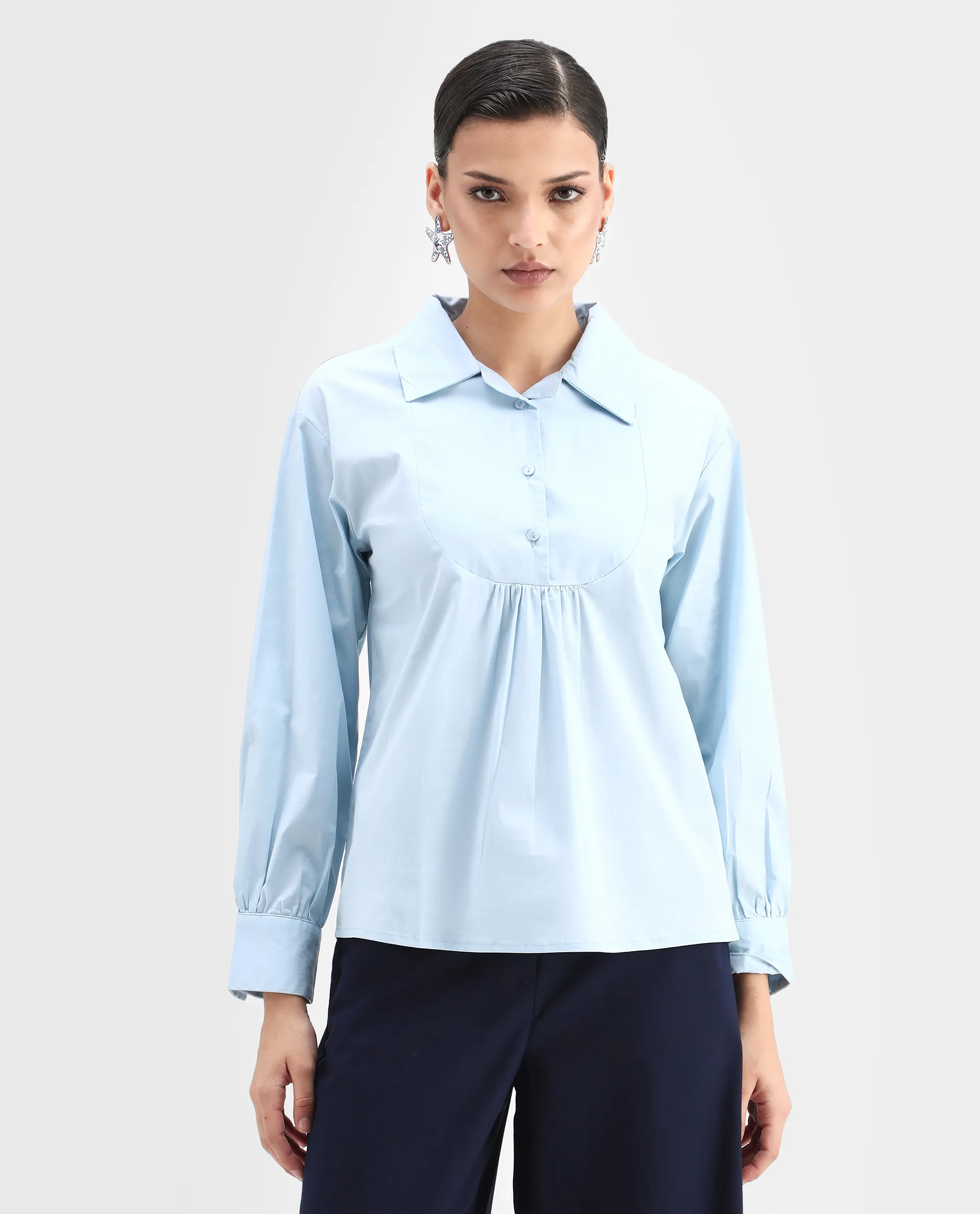 Rareism Women's Yit Light Blue Cotton Blend Drop Collar Plain Bishop Sleeve Relaxed Fit Top - Image 3