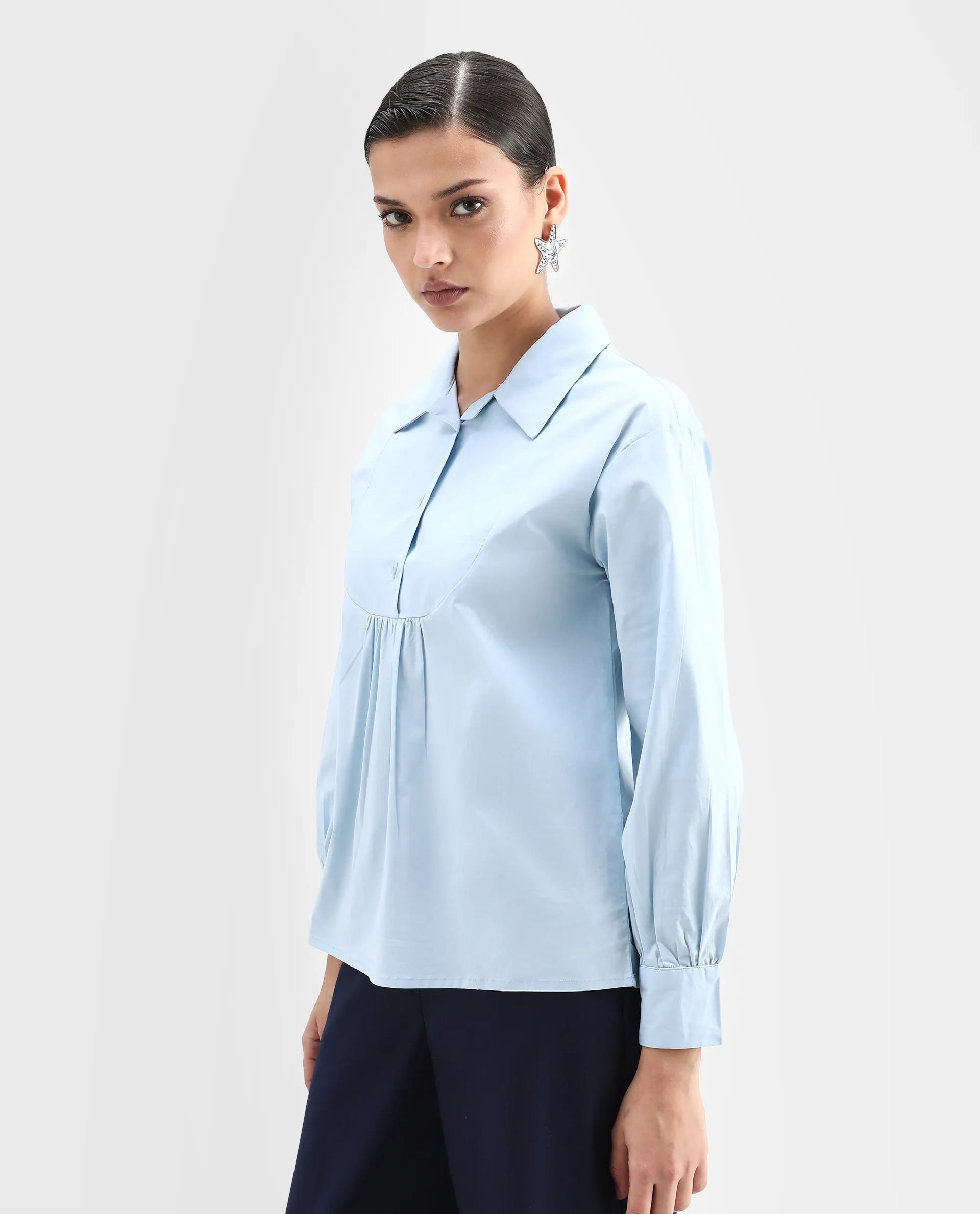 Rareism Women's Yit Light Blue Cotton Blend Drop Collar Plain Bishop Sleeve Relaxed Fit Top - Image 4