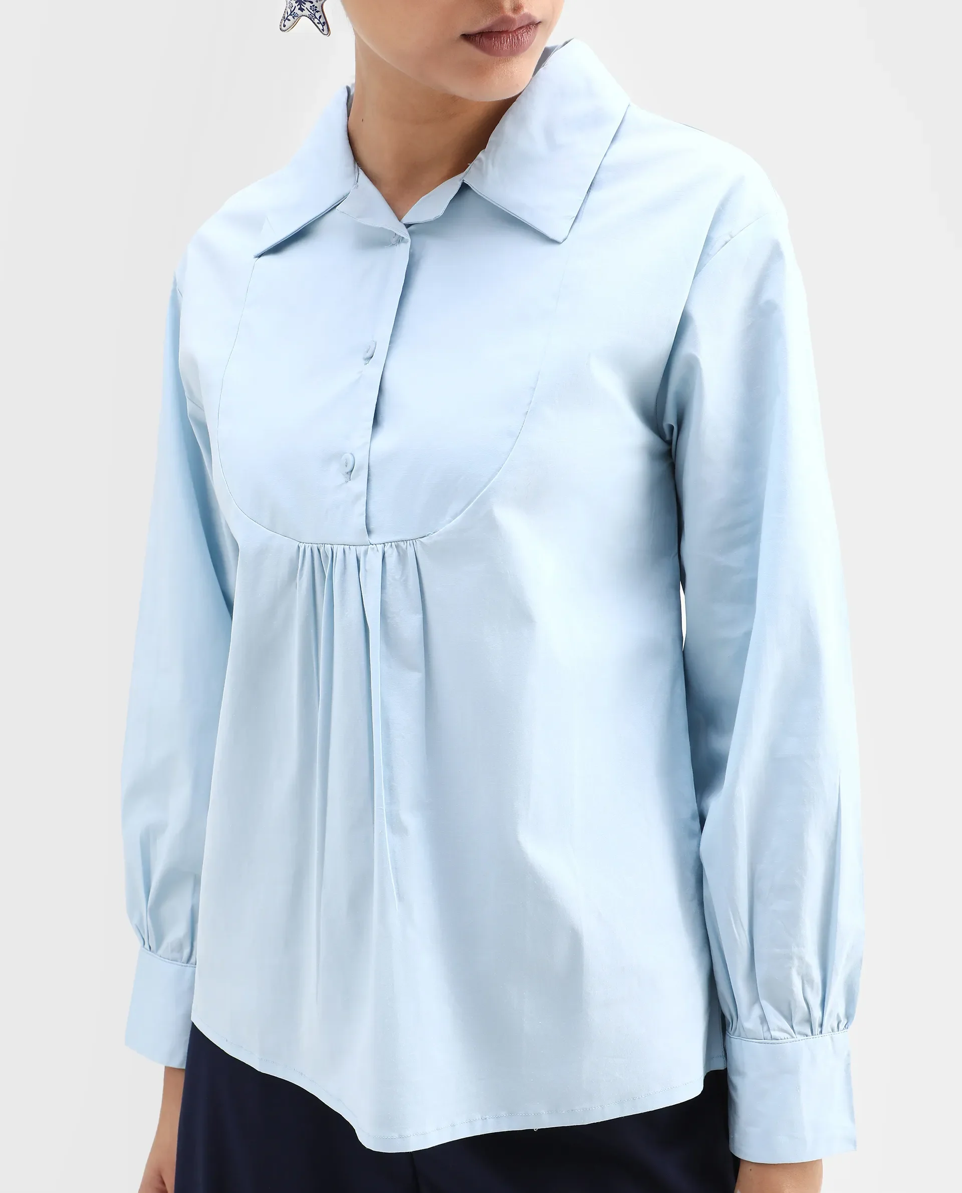 Rareism Women's Yit Light Blue Cotton Blend Drop Collar Plain Bishop Sleeve Relaxed Fit Top - Image 5
