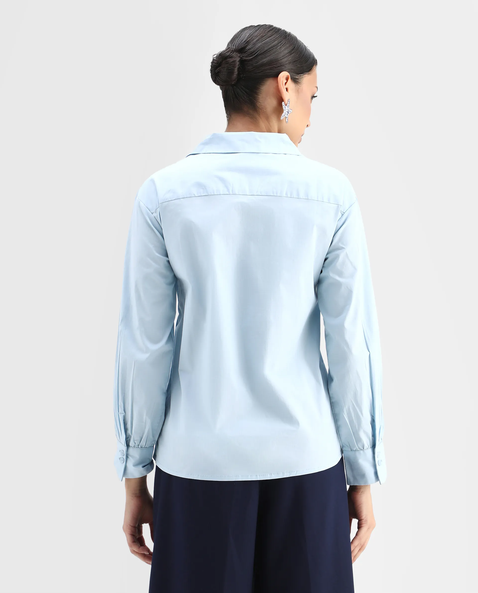 Rareism Women's Yit Light Blue Cotton Blend Drop Collar Plain Bishop Sleeve Relaxed Fit Top - Image 6