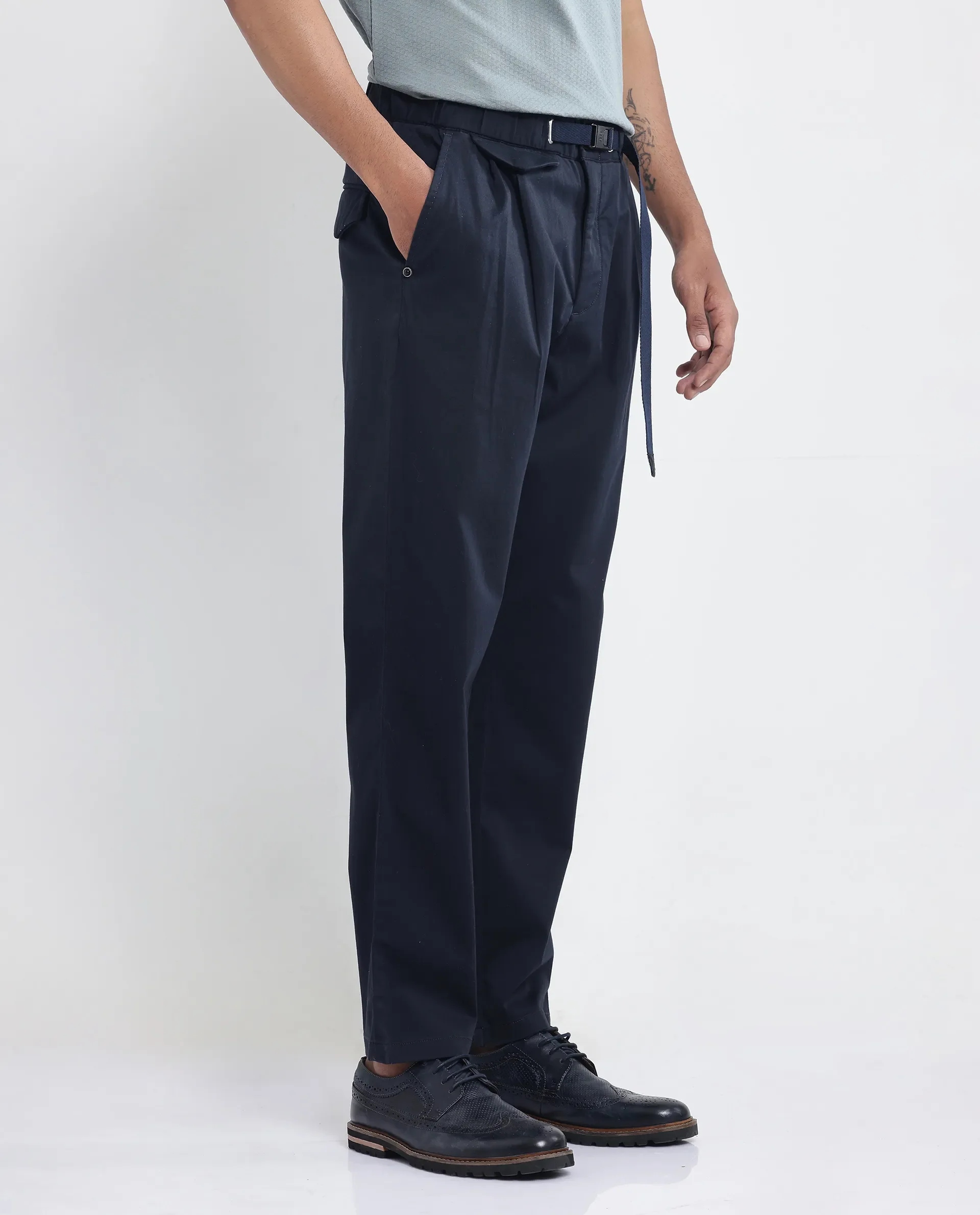 Rare Rabbit Men's Yocko Navy Cotton Blend Plain Baggy Fit Trouser - Image 6