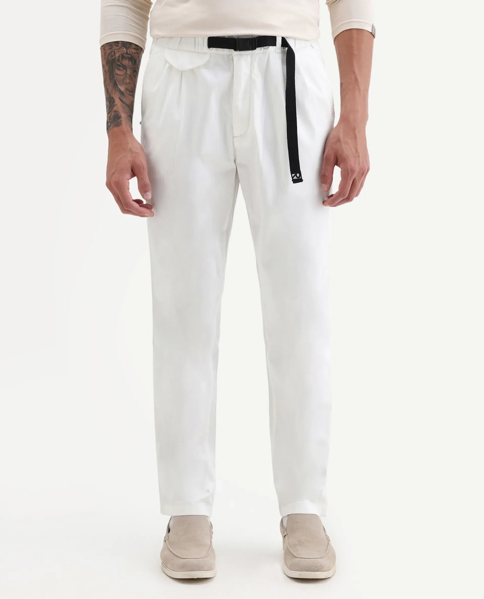 Rare Rabbit Men's Yocko White Cotton Blend Plain Baggy Fit Trouser - Image 2