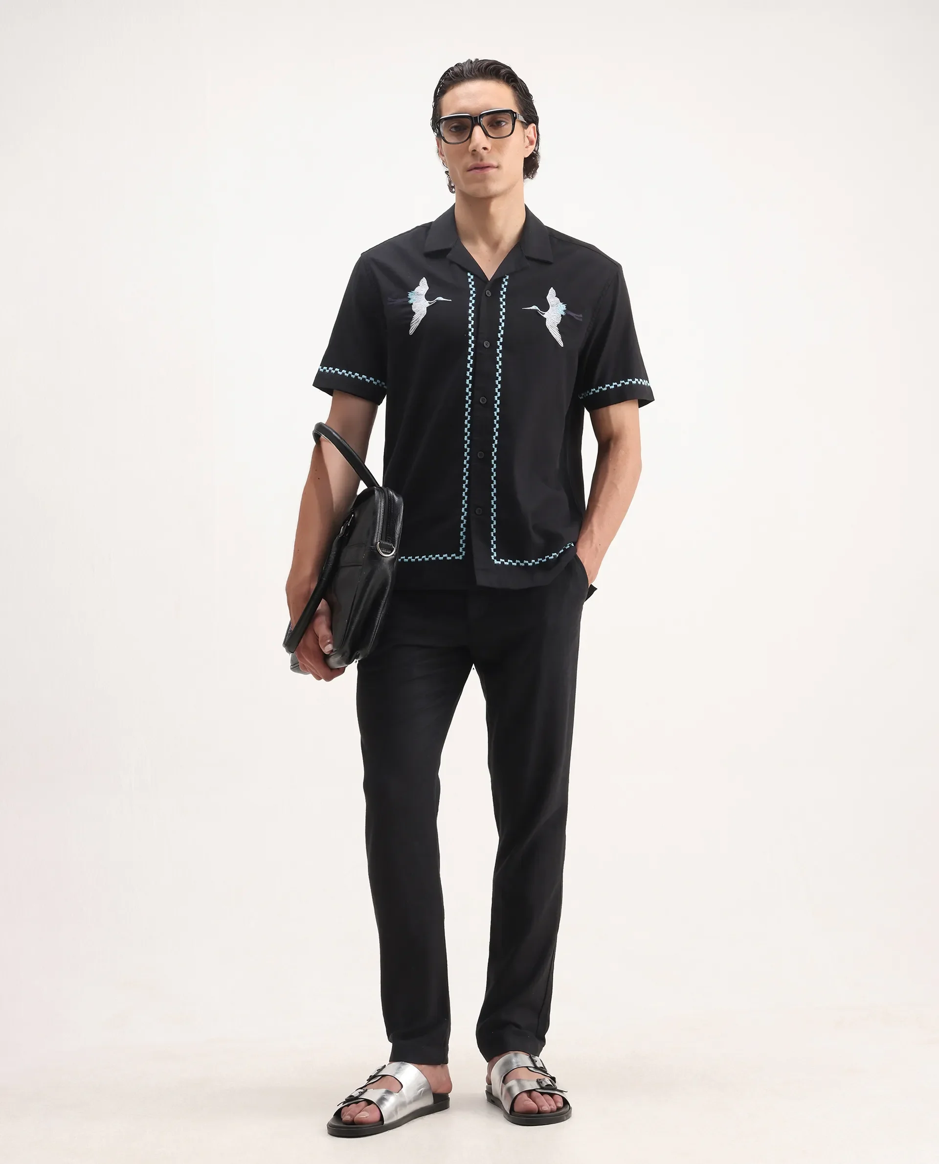 Rare Rabbit Men's Yoko Black Cotton Embroidered Boxy Fit Half Sleeve Cuban Collar Shirt - Image 2