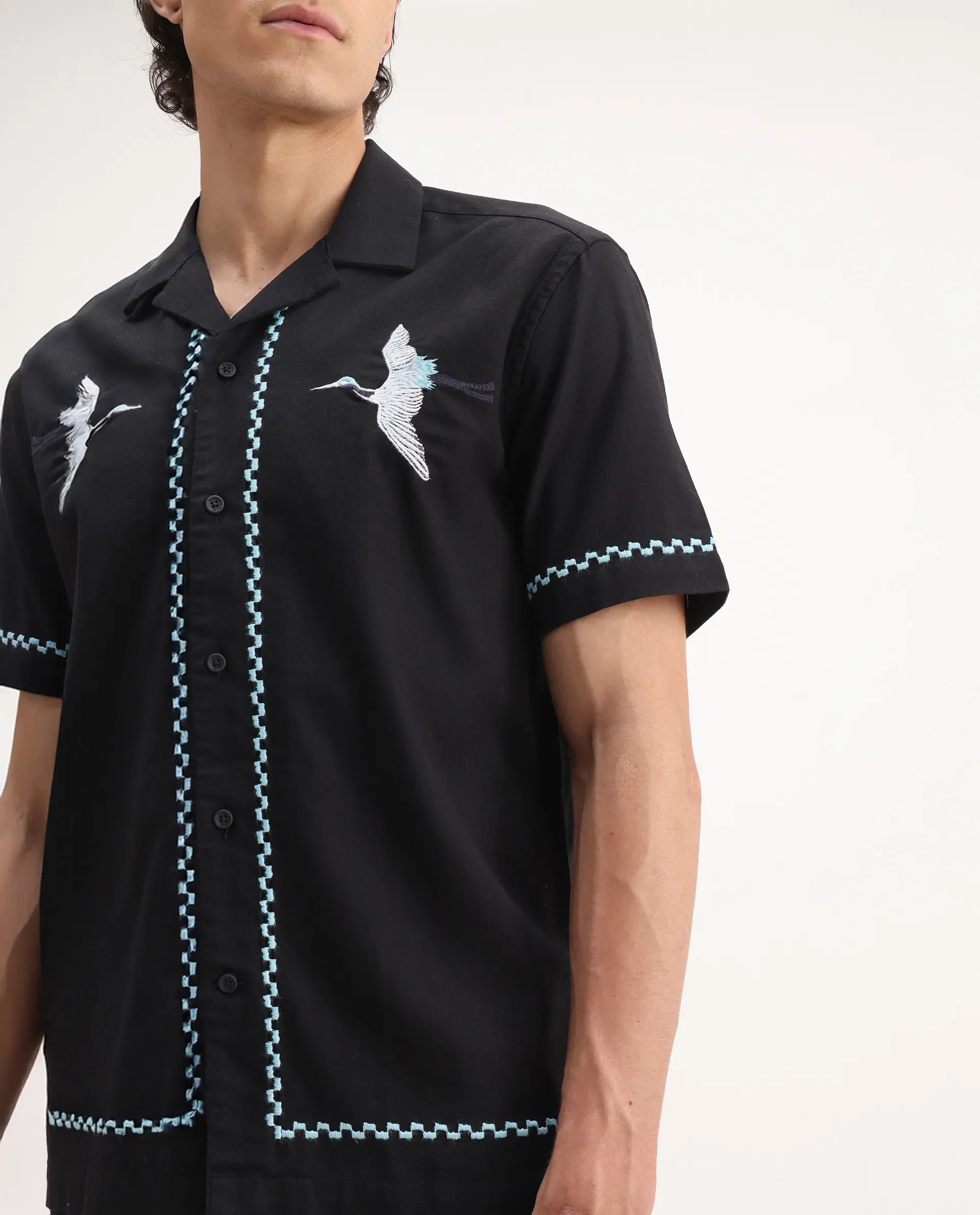Rare Rabbit Men's Yoko Black Cotton Embroidered Boxy Fit Half Sleeve Cuban Collar Shirt - Image 3