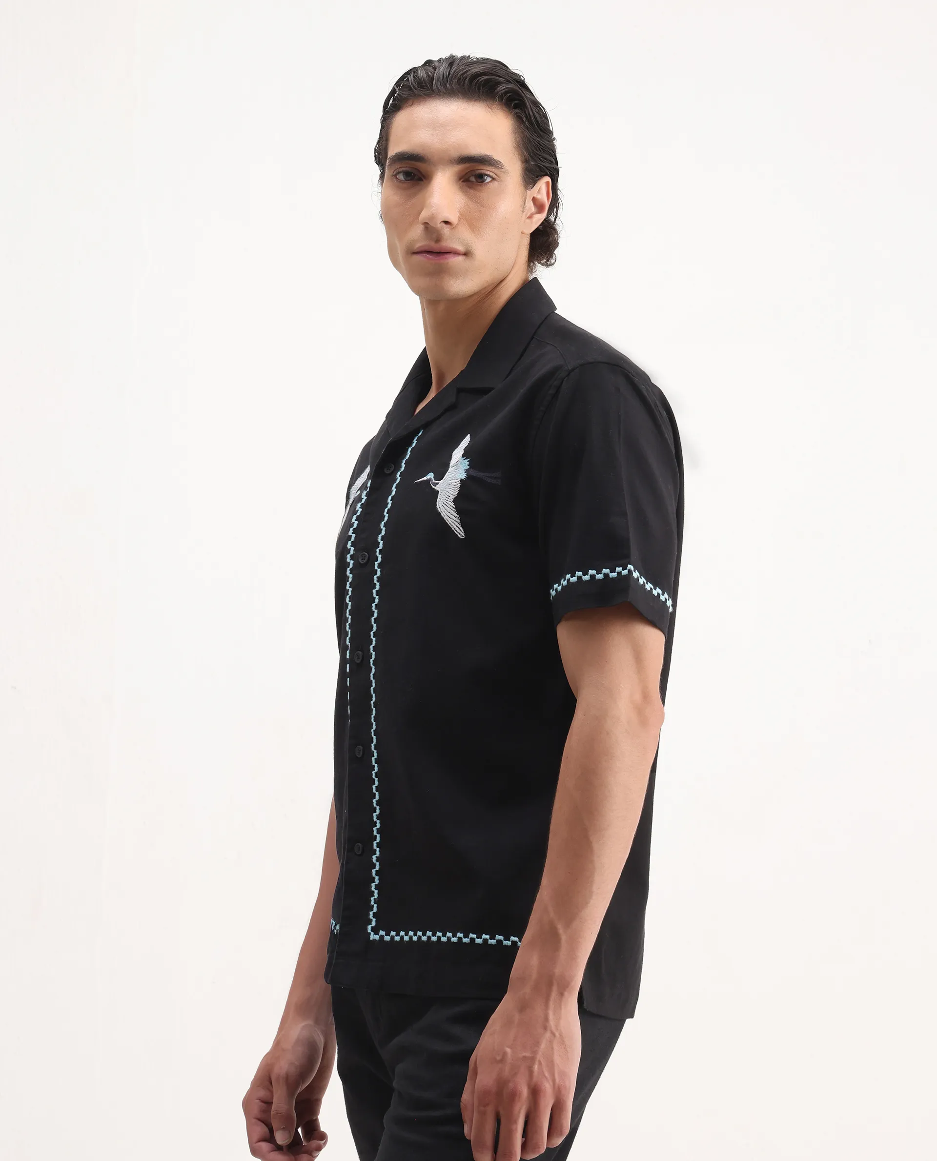 Rare Rabbit Men's Yoko Black Cotton Embroidered Boxy Fit Half Sleeve Cuban Collar Shirt - Image 4