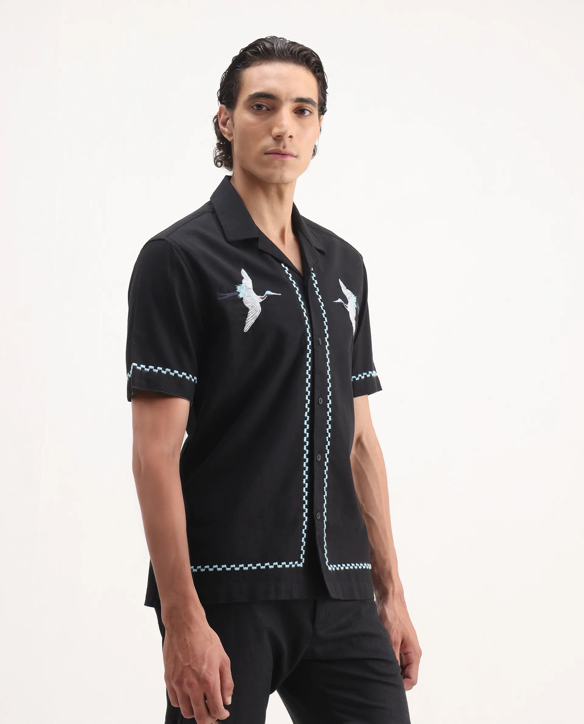 Rare Rabbit Men's Yoko Black Cotton Embroidered Boxy Fit Half Sleeve Cuban Collar Shirt - Image 5