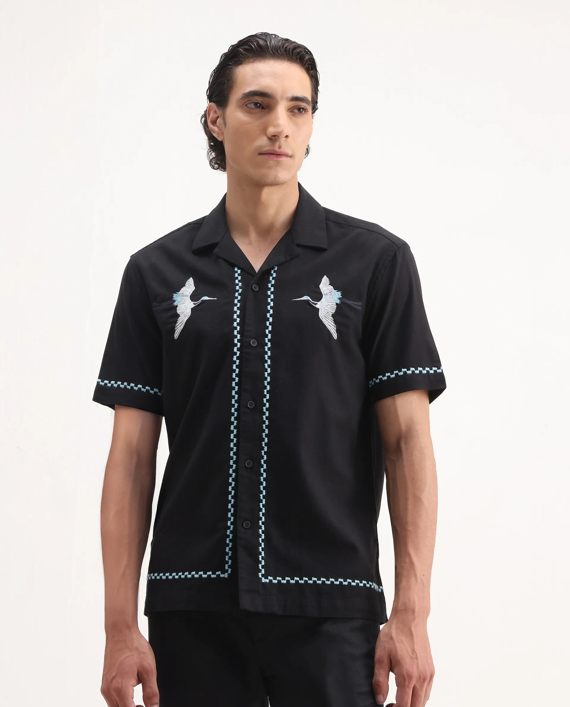 Rare Rabbit Men's Yoko Black Cotton Embroidered Boxy Fit Half Sleeve Cuban Collar Shirt - Image 6