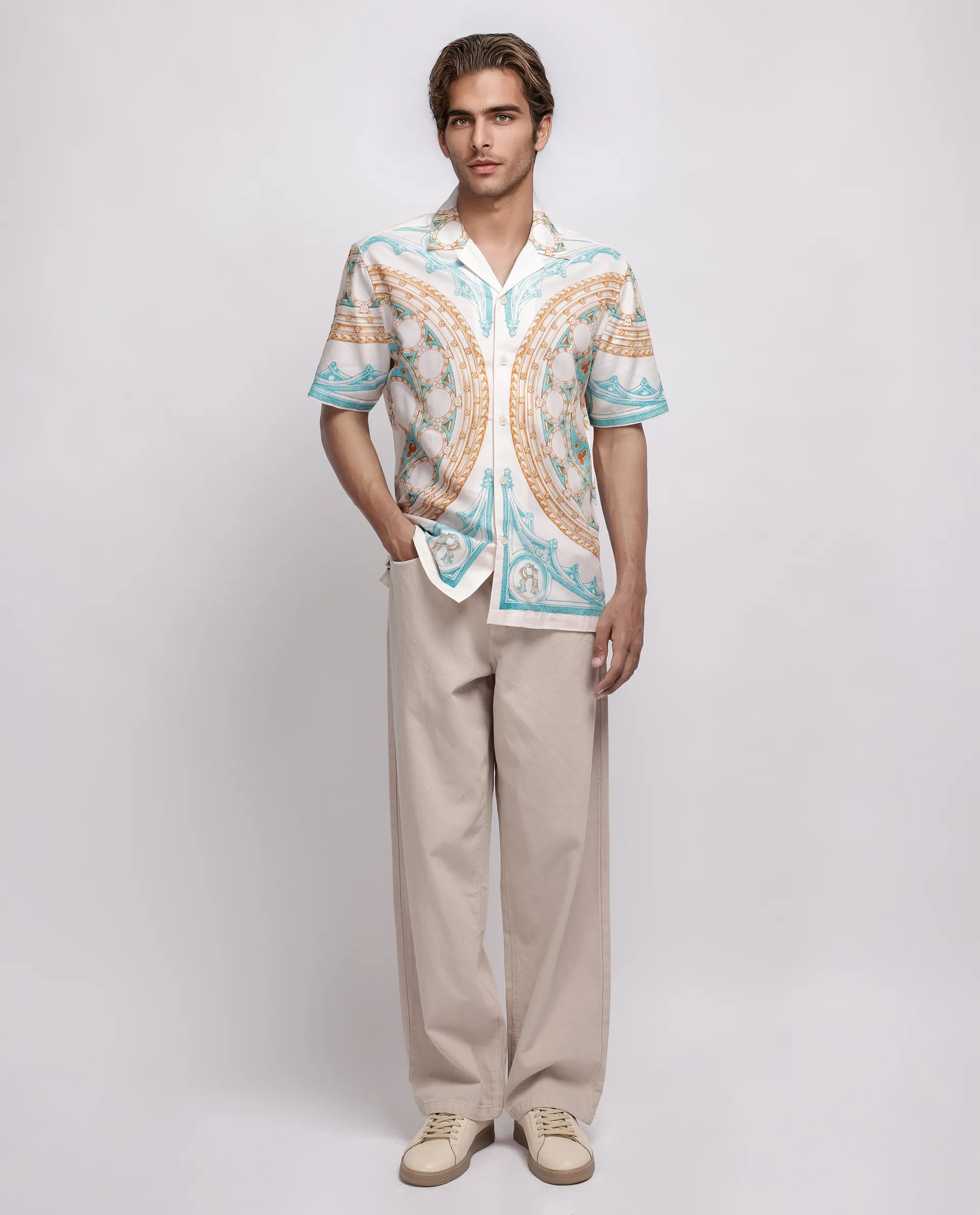 Rare Rabbit Men's Yokor Beige Cotton Blend Placement Print Boxy Fit Half Sleeve Cuban Collar Shirt - Image 2