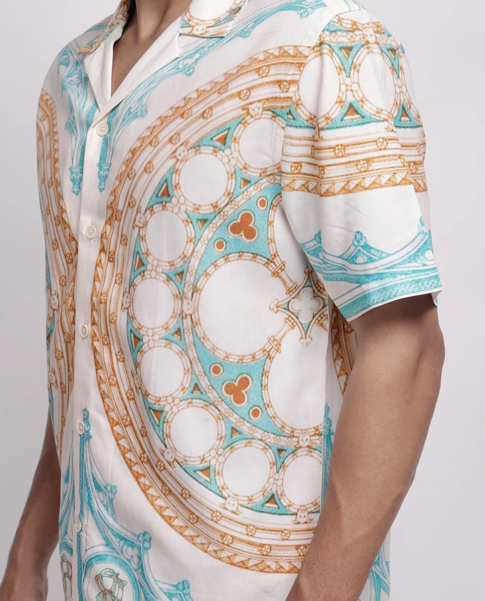 Rare Rabbit Men's Yokor Beige Cotton Blend Placement Print Boxy Fit Half Sleeve Cuban Collar Shirt - Image 3