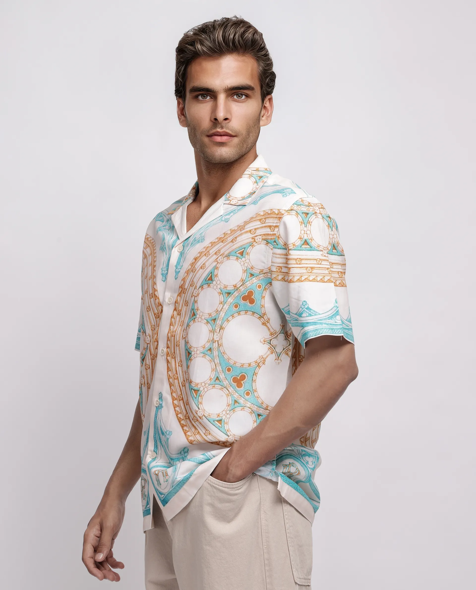 Rare Rabbit Men's Yokor Beige Cotton Blend Placement Print Boxy Fit Half Sleeve Cuban Collar Shirt - Image 5