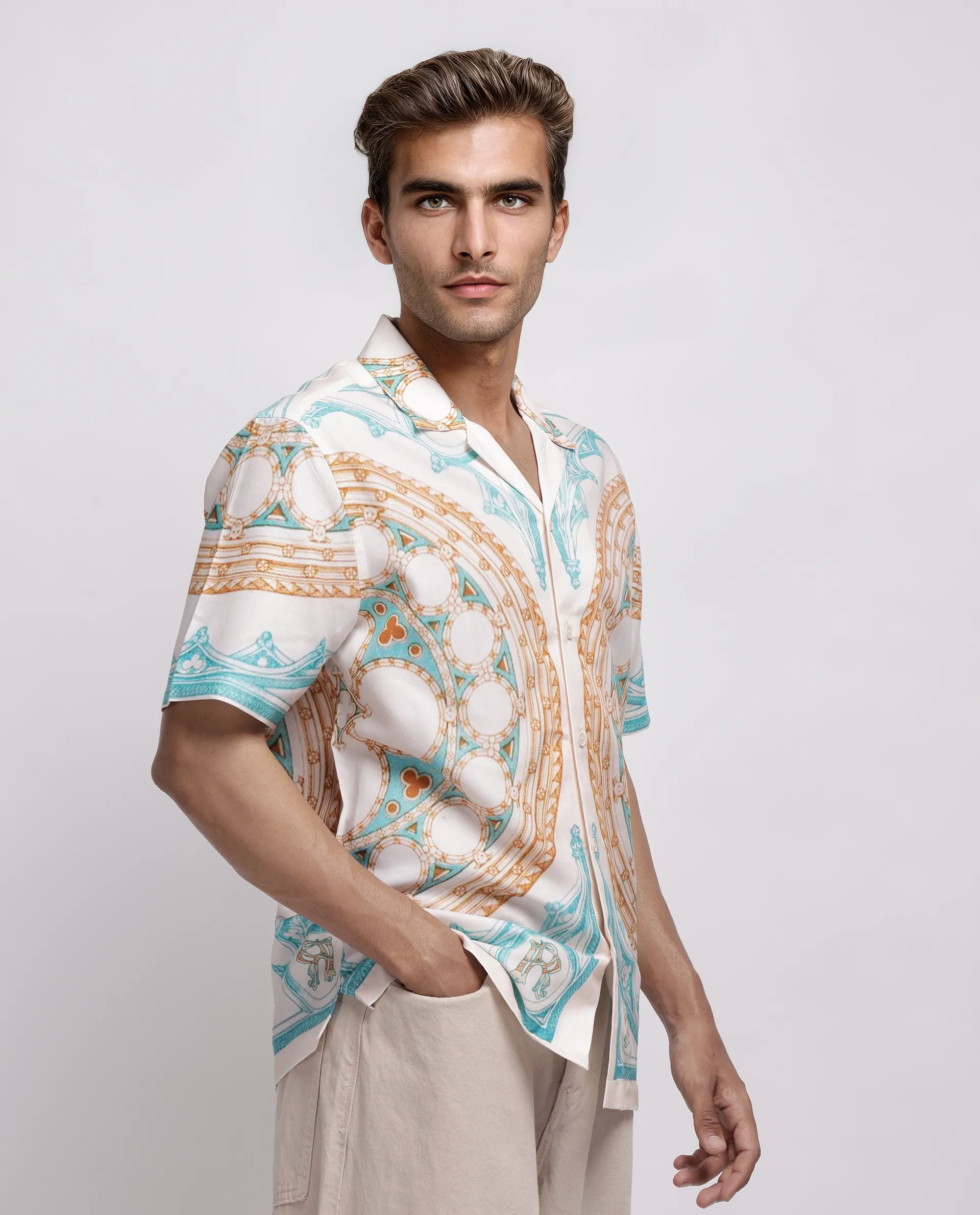 Rare Rabbit Men's Yokor Beige Cotton Blend Placement Print Boxy Fit Half Sleeve Cuban Collar Shirt - Image 6
