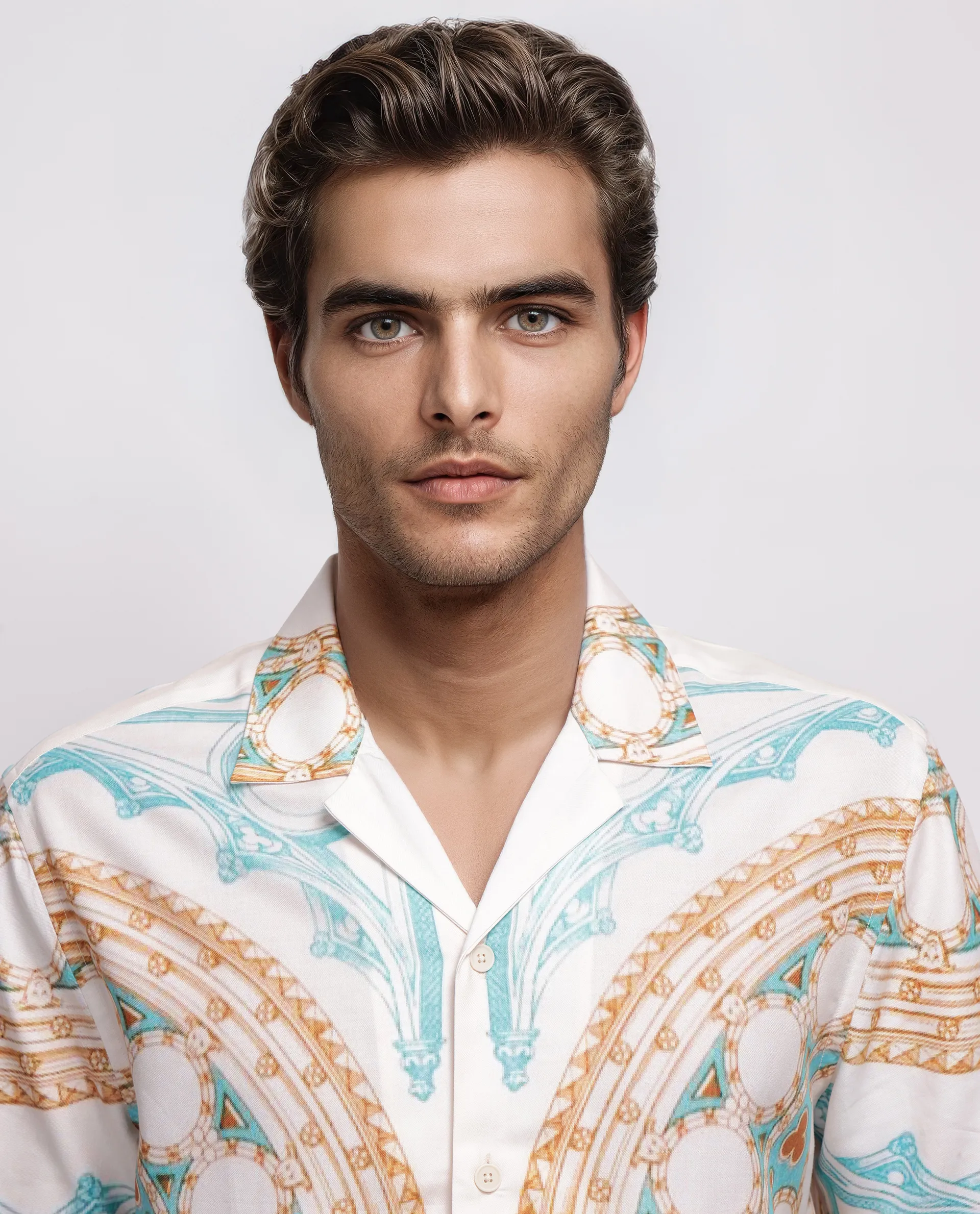 Rare Rabbit Men's Yokor Beige Cotton Blend Placement Print Boxy Fit Half Sleeve Cuban Collar Shirt - Image 7