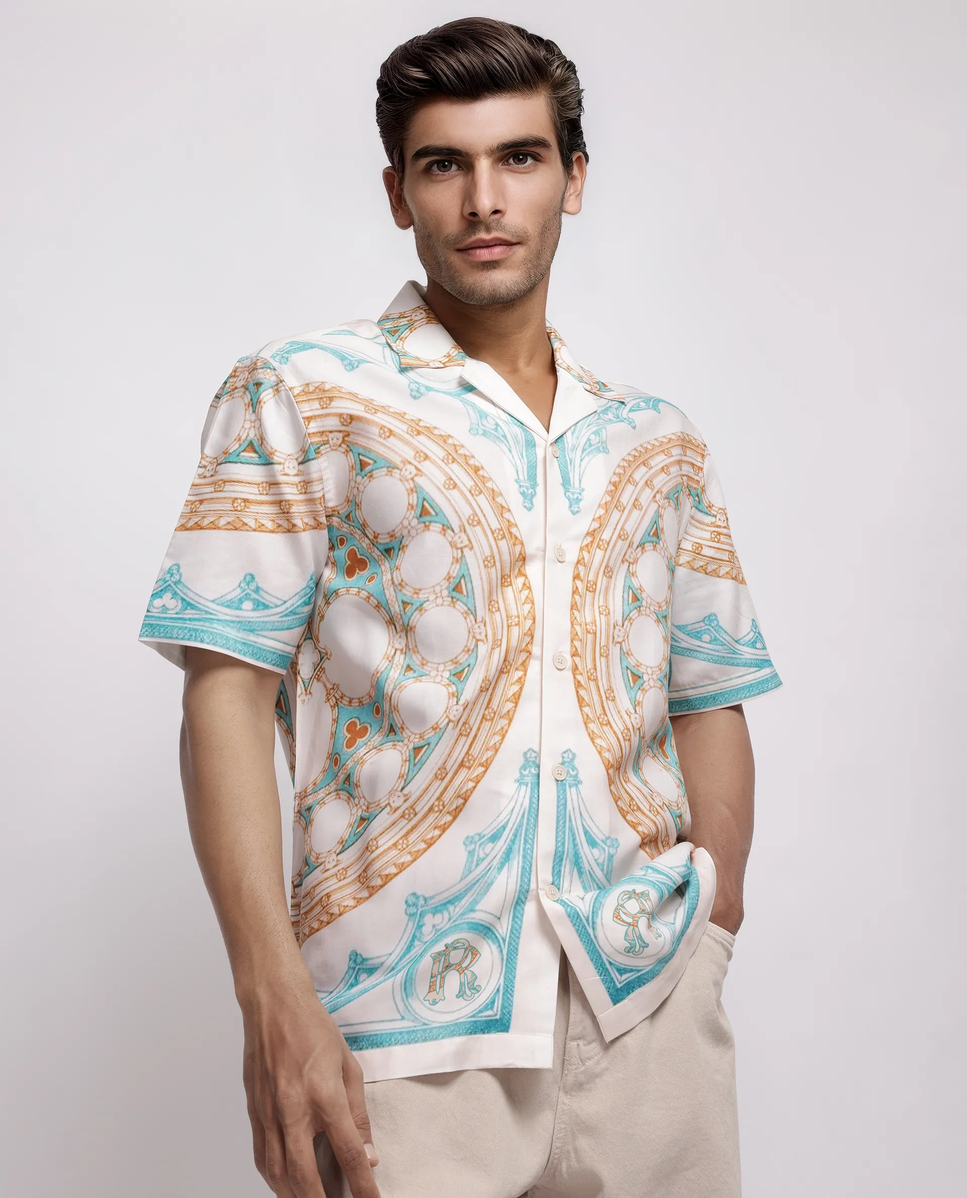 Rare Rabbit Men's Yokor Beige Cotton Blend Placement Print Boxy Fit Half Sleeve Cuban Collar Shirt - Image 8