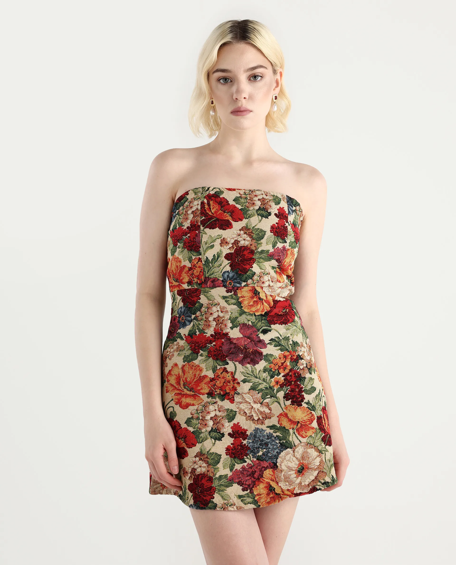 Rareism Women's Yolor - Multi Polyester Blend Tube Neck Jacquard Sleeveless Mini Fit And Flare Dress