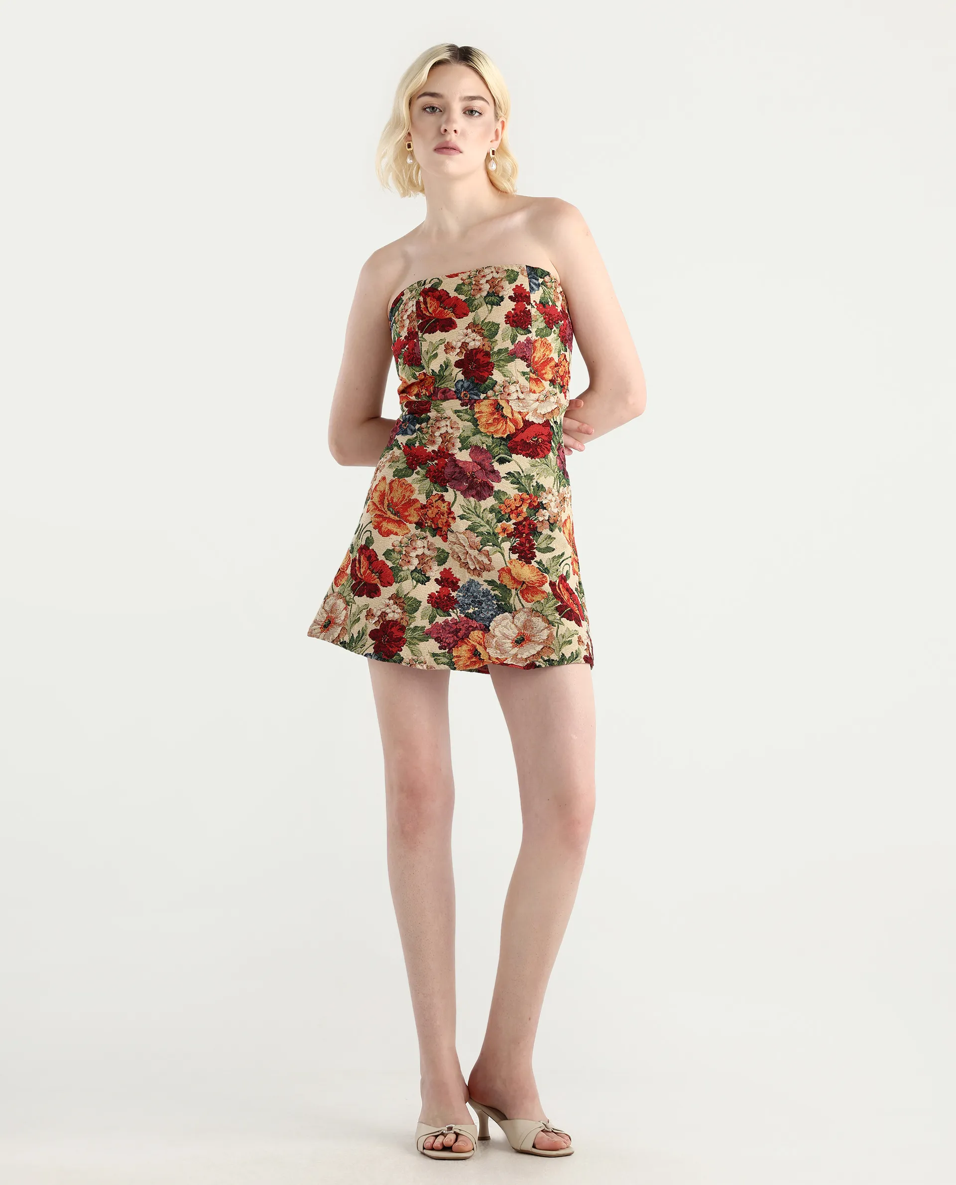 Rareism Women's Yolor - Multi Polyester Blend Tube Neck Jacquard Sleeveless Mini Fit And Flare Dress - Image 2