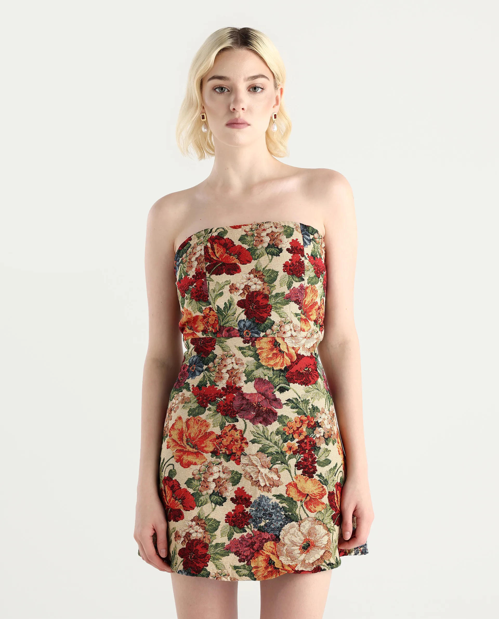 Rareism Women's Yolor - Multi Polyester Blend Tube Neck Jacquard Sleeveless Mini Fit And Flare Dress - Image 3