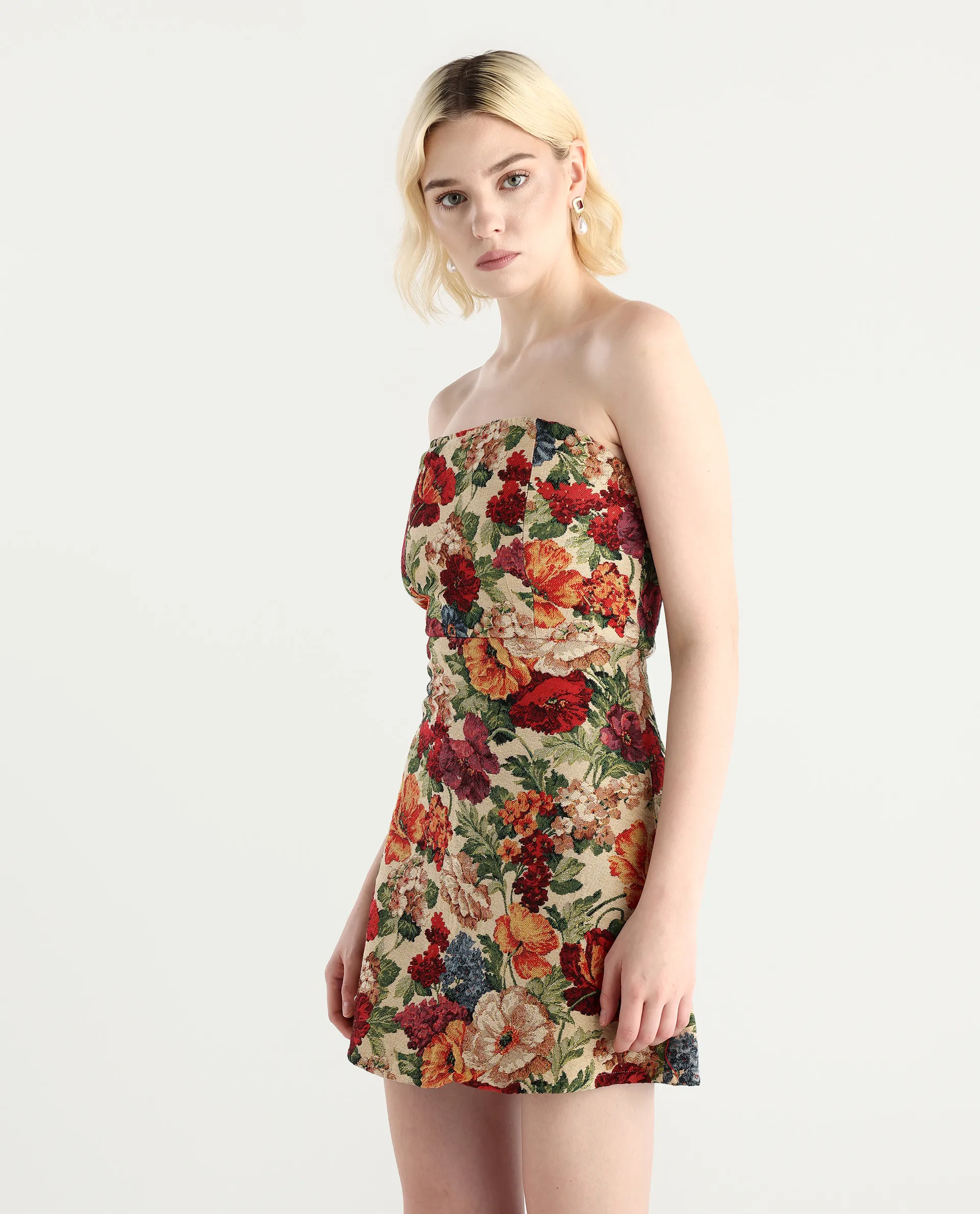 Rareism Women's Yolor - Multi Polyester Blend Tube Neck Jacquard Sleeveless Mini Fit And Flare Dress - Image 5