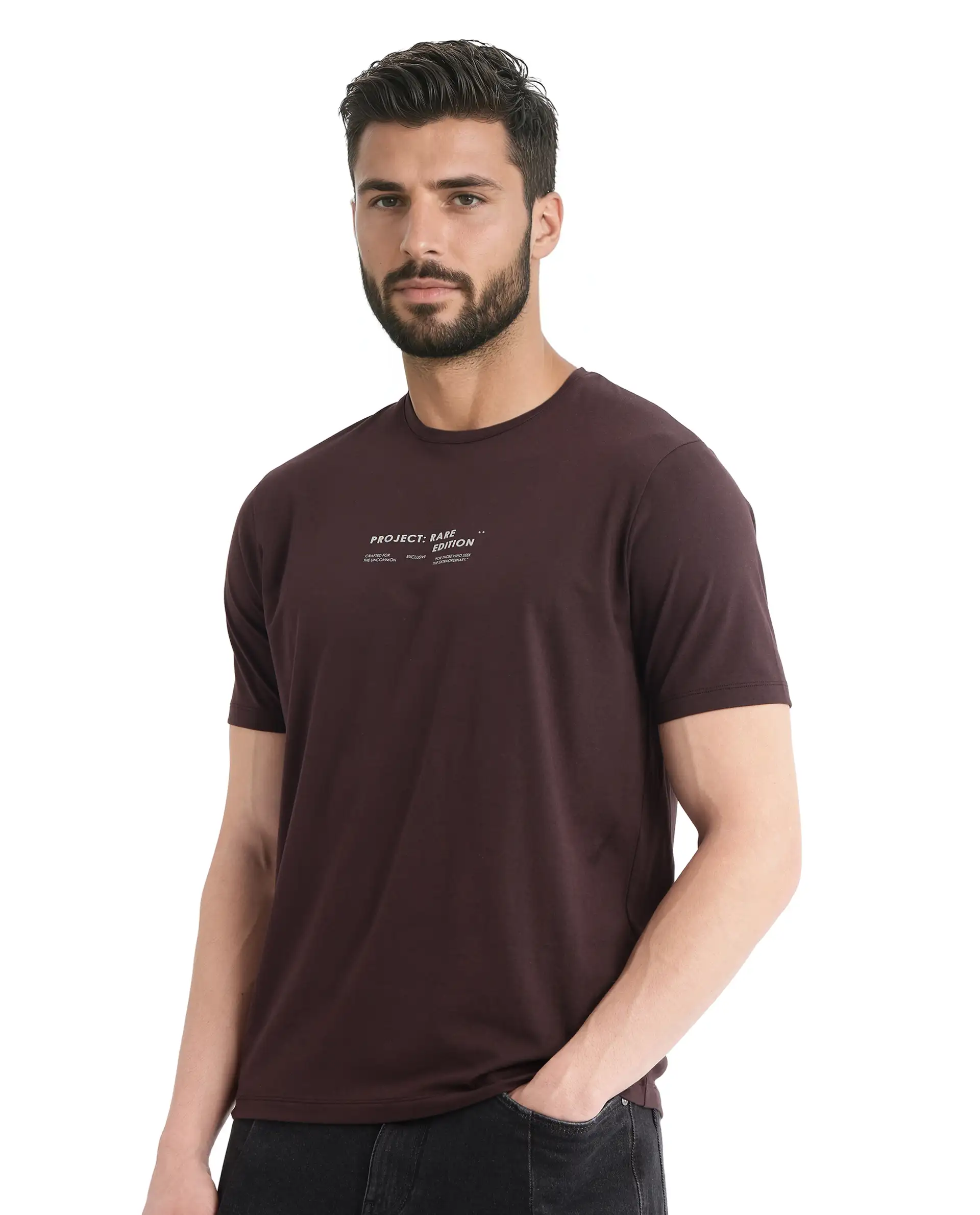 Rare Rabbit Men's Yolt Brown Cotton Graphic Print Regular Fit Half Sleeve Crew Neck T-Shirt - Image 3