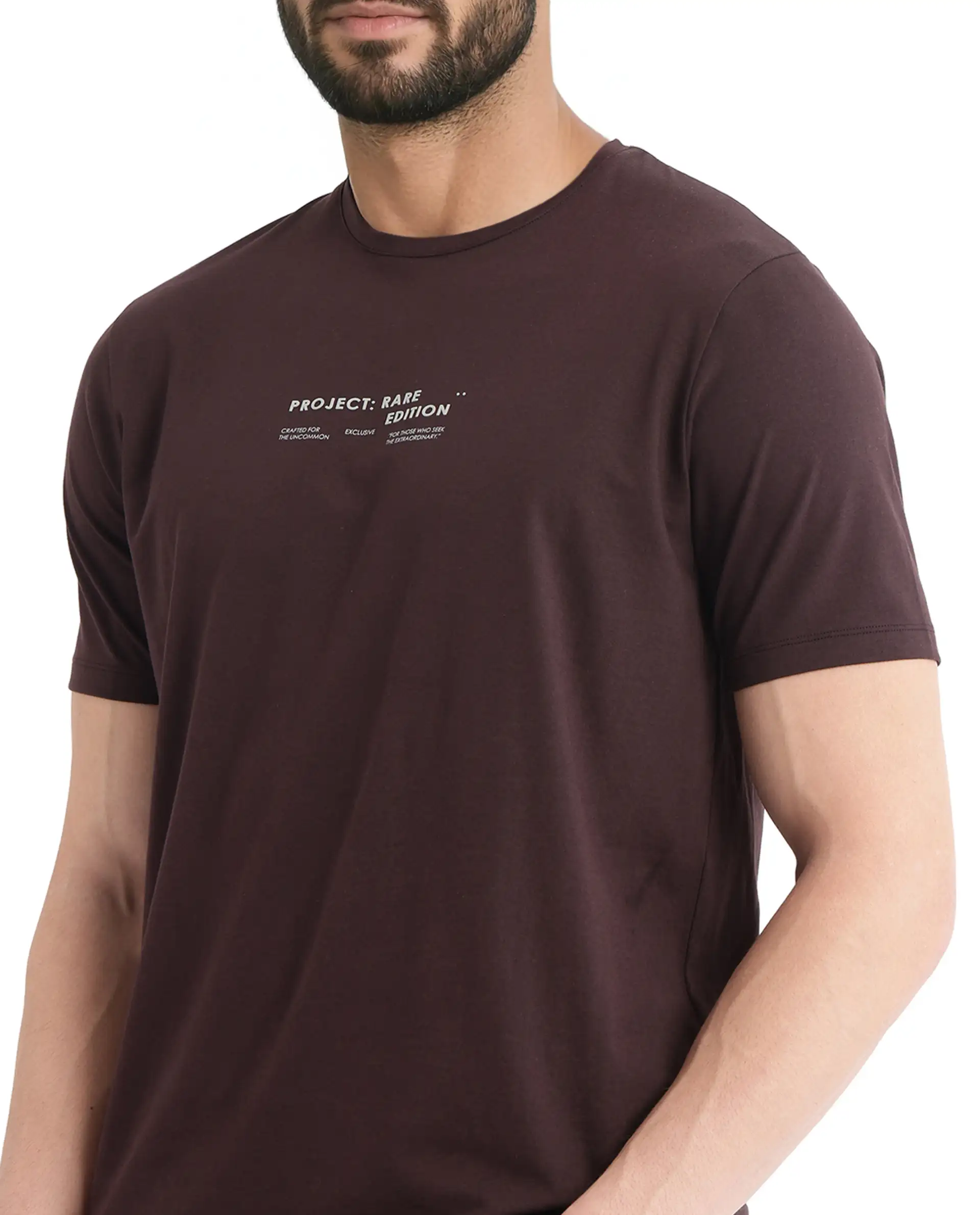 Rare Rabbit Men's Yolt Brown Cotton Graphic Print Regular Fit Half Sleeve Crew Neck T-Shirt - Image 4