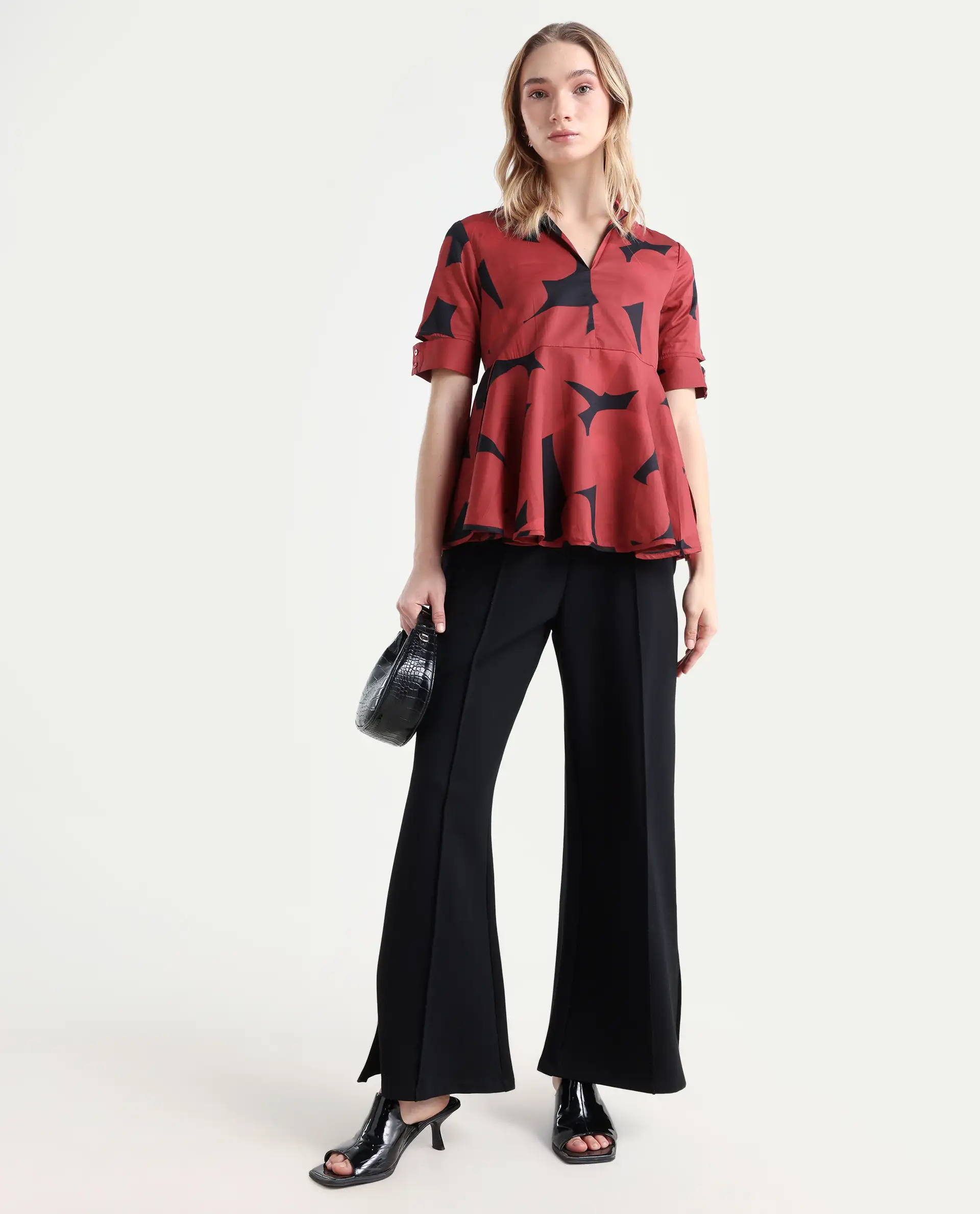 Rareism Women's Yoplopi Black Cotton Blend Lapel Neck Abstract Print Cutout Sleeve A-Line Top - Image 2