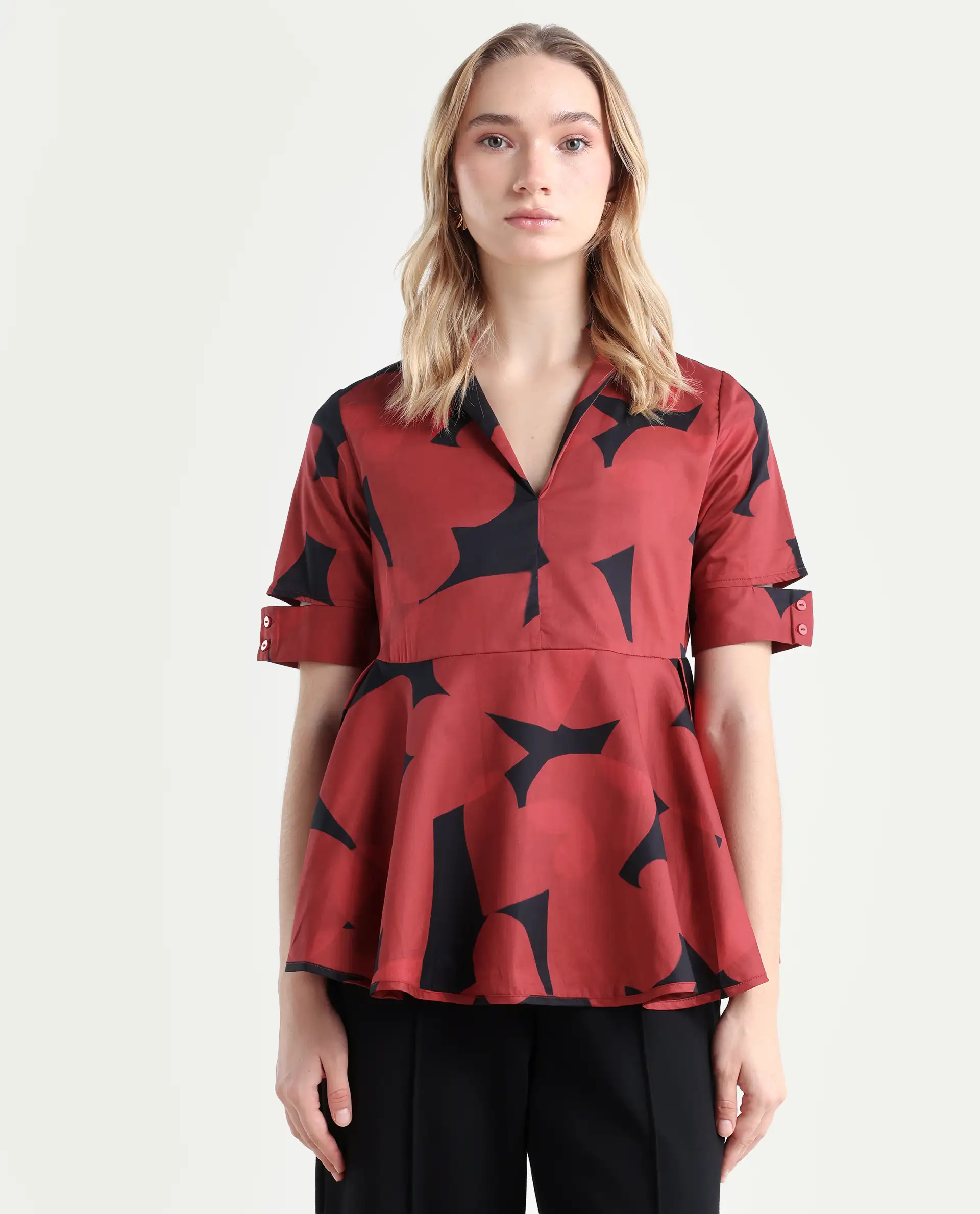 Rareism Women's Yoplopi Black Cotton Blend Lapel Neck Abstract Print Cutout Sleeve A-Line Top - Image 3