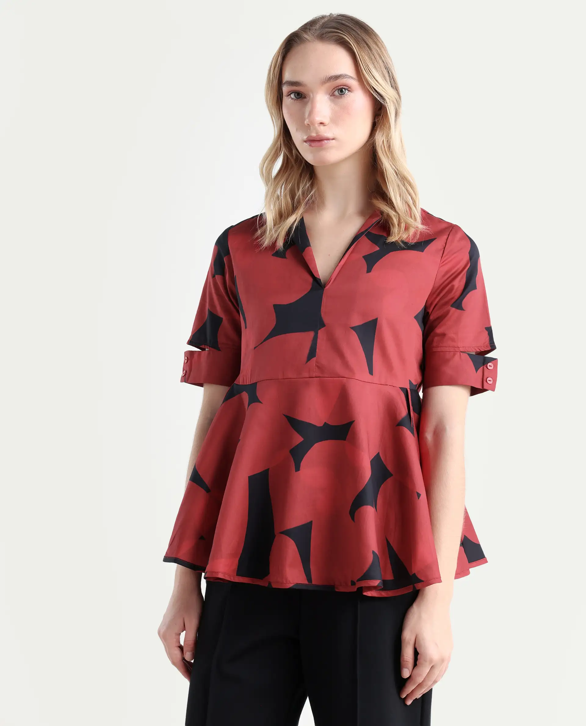 Rareism Women's Yoplopi Black Cotton Blend Lapel Neck Abstract Print Cutout Sleeve A-Line Top - Image 5