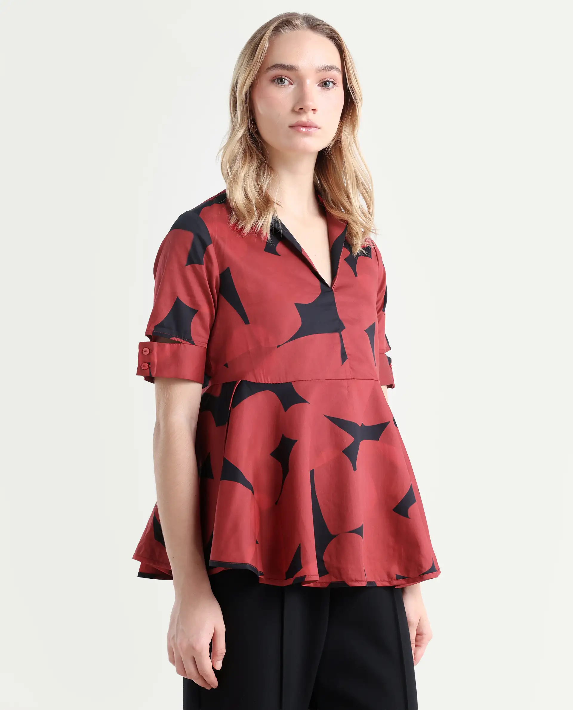 Rareism Women's Yoplopi Black Cotton Blend Lapel Neck Abstract Print Cutout Sleeve A-Line Top - Image 6