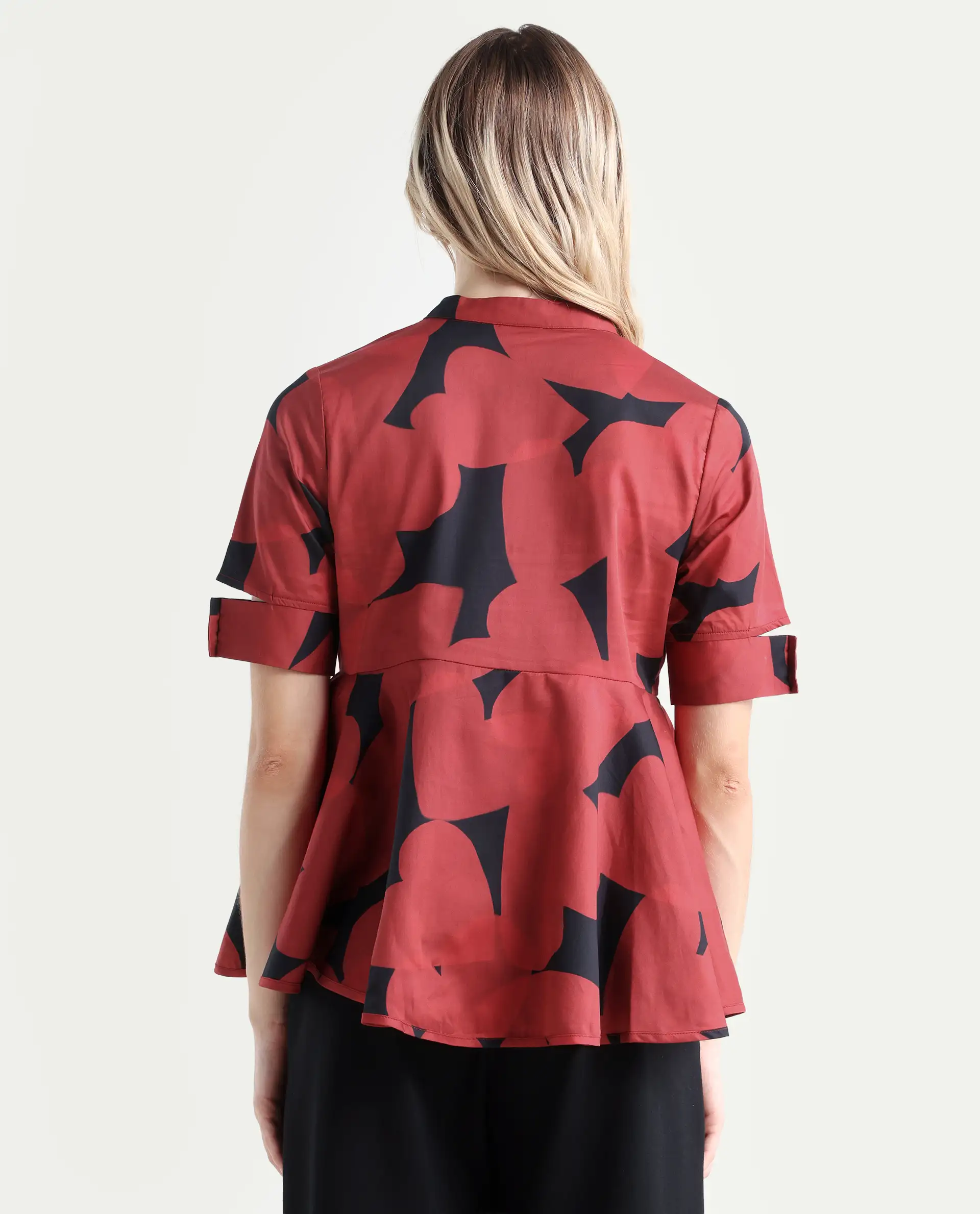 Rareism Women's Yoplopi Black Cotton Blend Lapel Neck Abstract Print Cutout Sleeve A-Line Top - Image 7