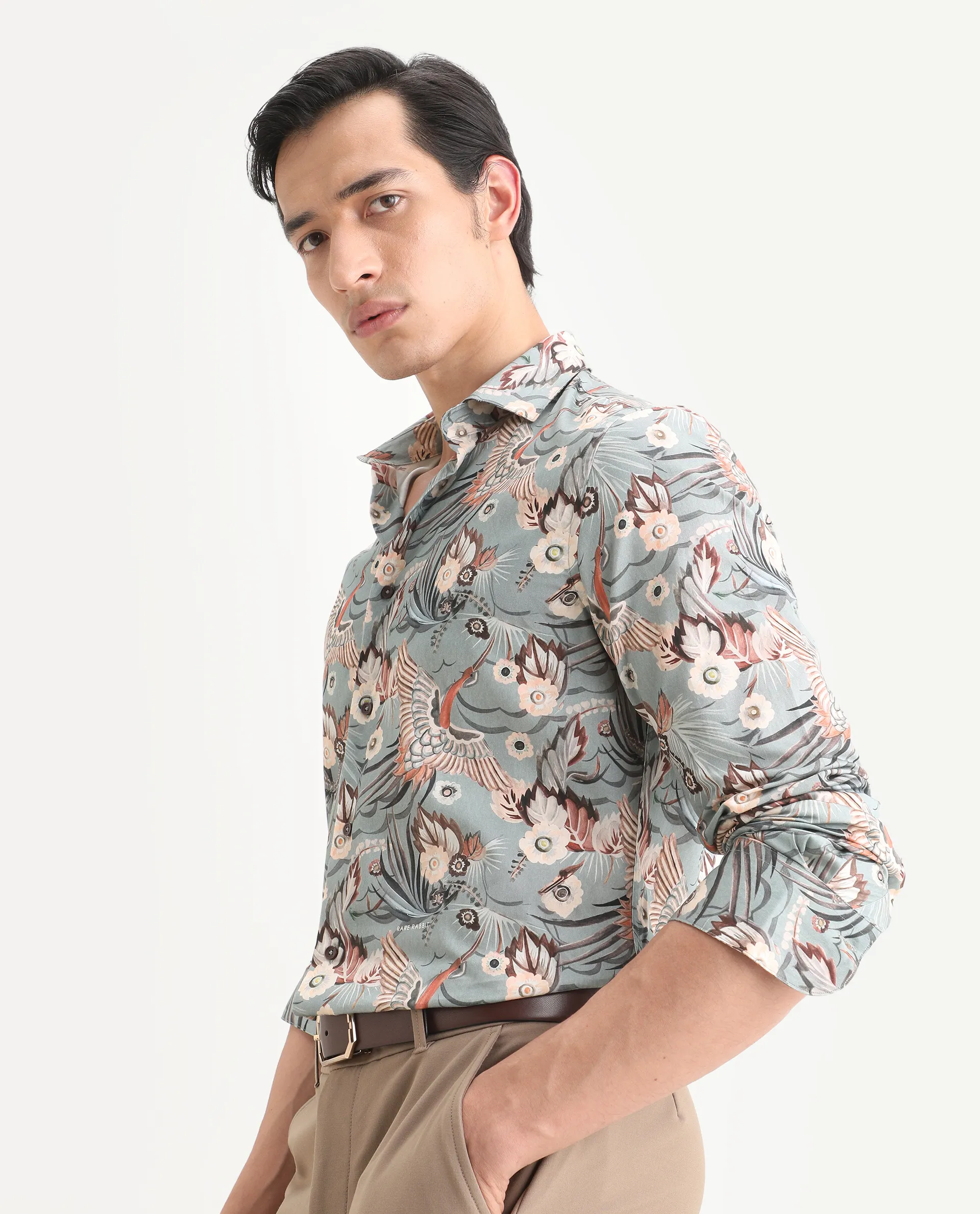 Rare Rabbit Men's Yori Dusky Green Cotton Fabric Collared Neck Regular Printed Shirt