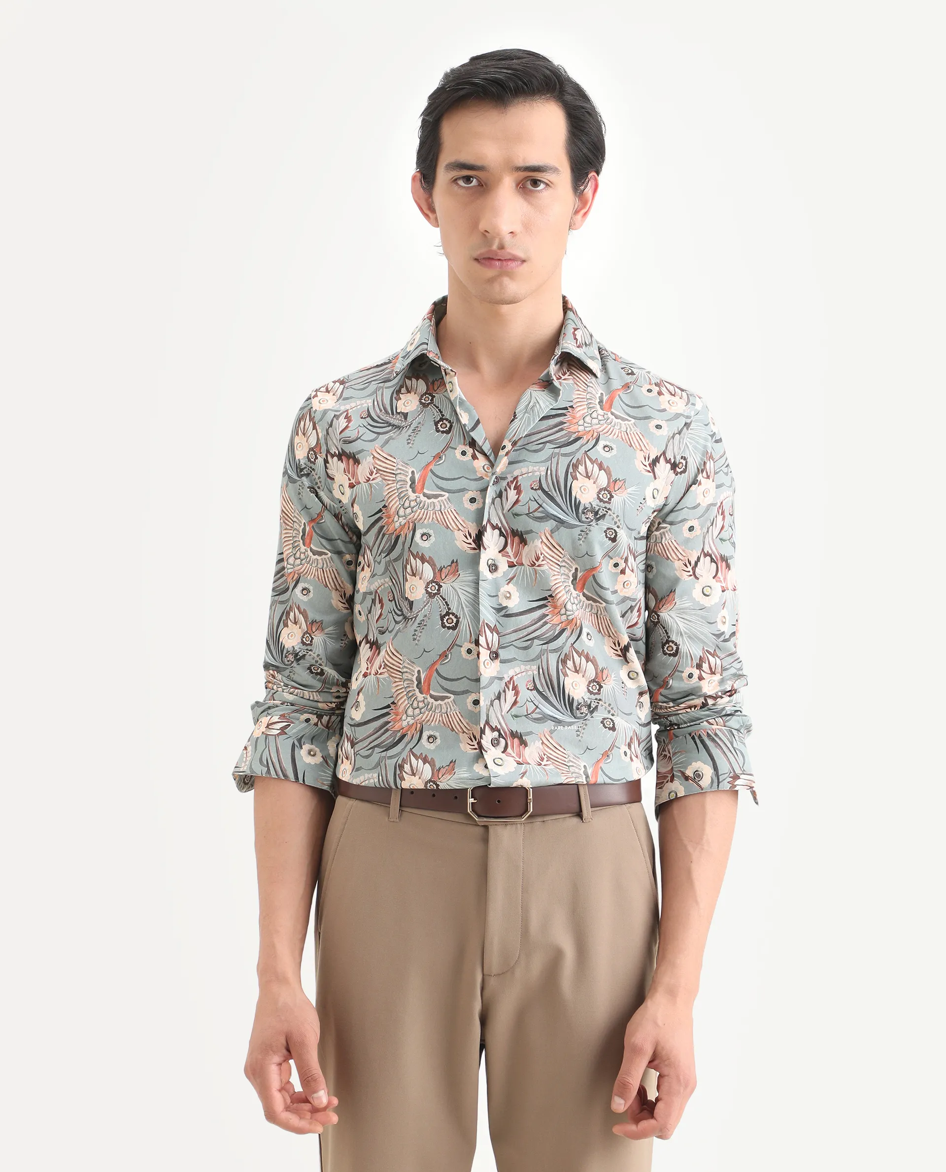 Rare Rabbit Men's Yori Dusky Green Cotton Fabric Collared Neck Regular Printed Shirt - Image 3