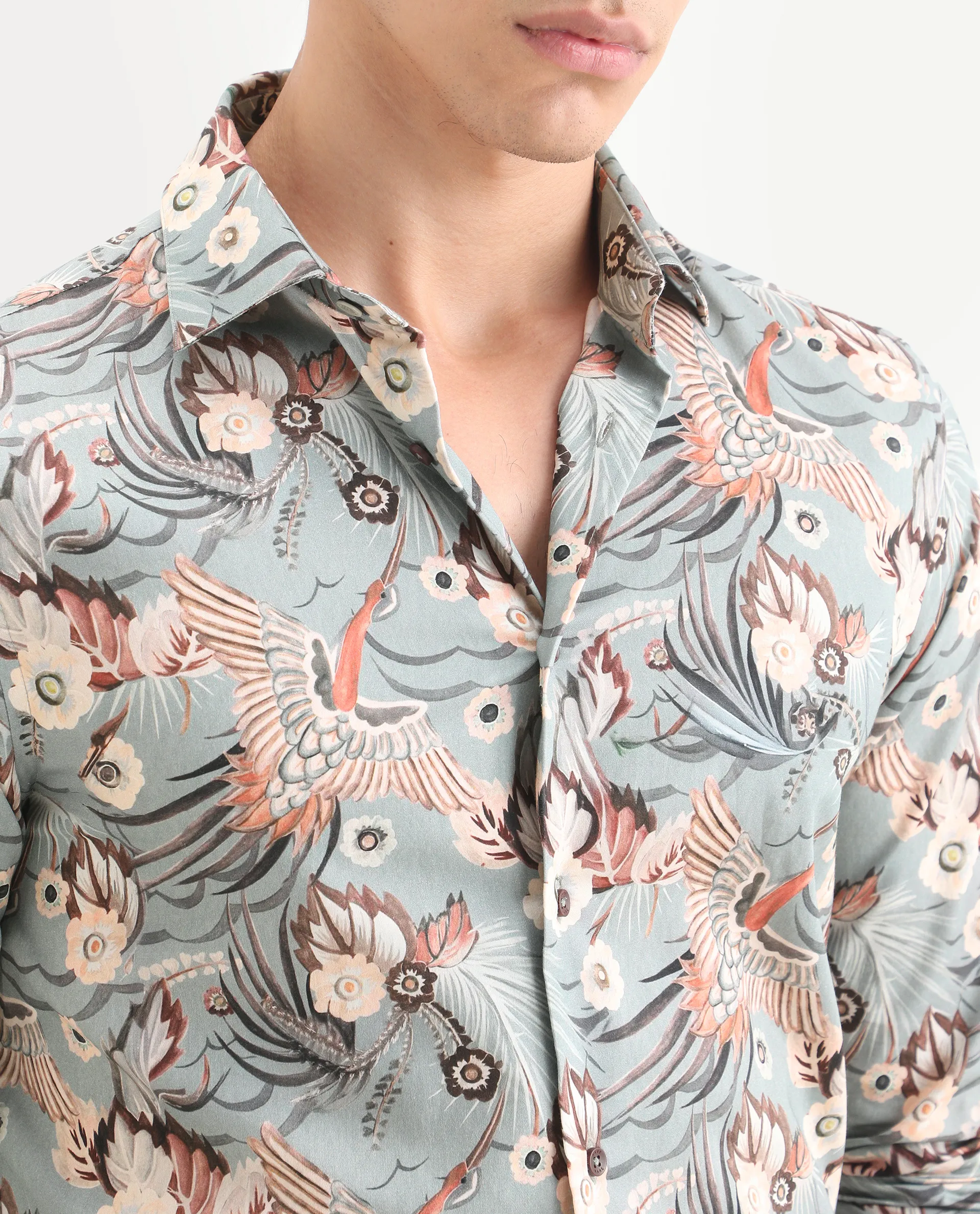 Rare Rabbit Men's Yori Dusky Green Cotton Fabric Collared Neck Regular Printed Shirt - Image 4