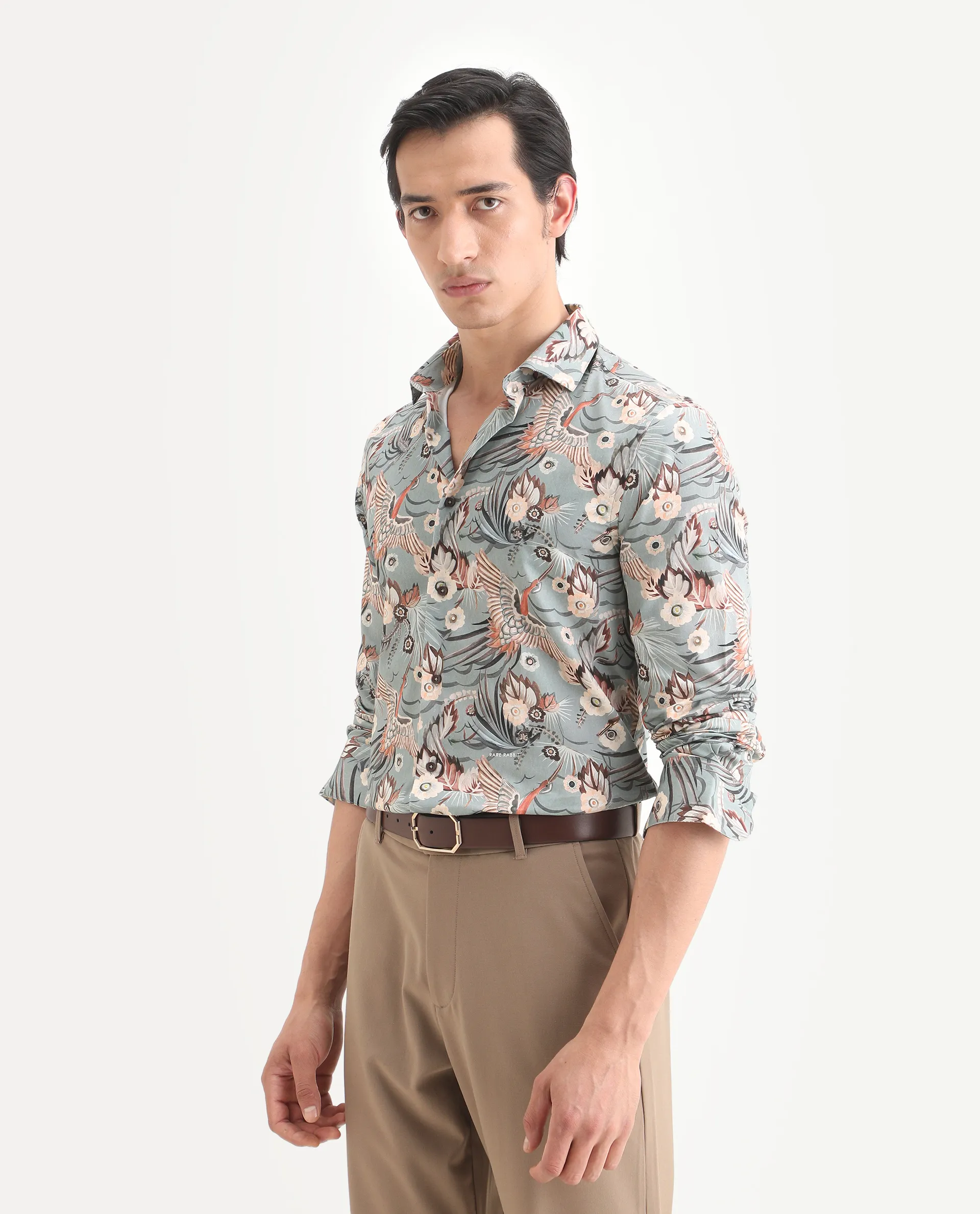 Rare Rabbit Men's Yori Dusky Green Cotton Fabric Collared Neck Regular Printed Shirt - Image 5