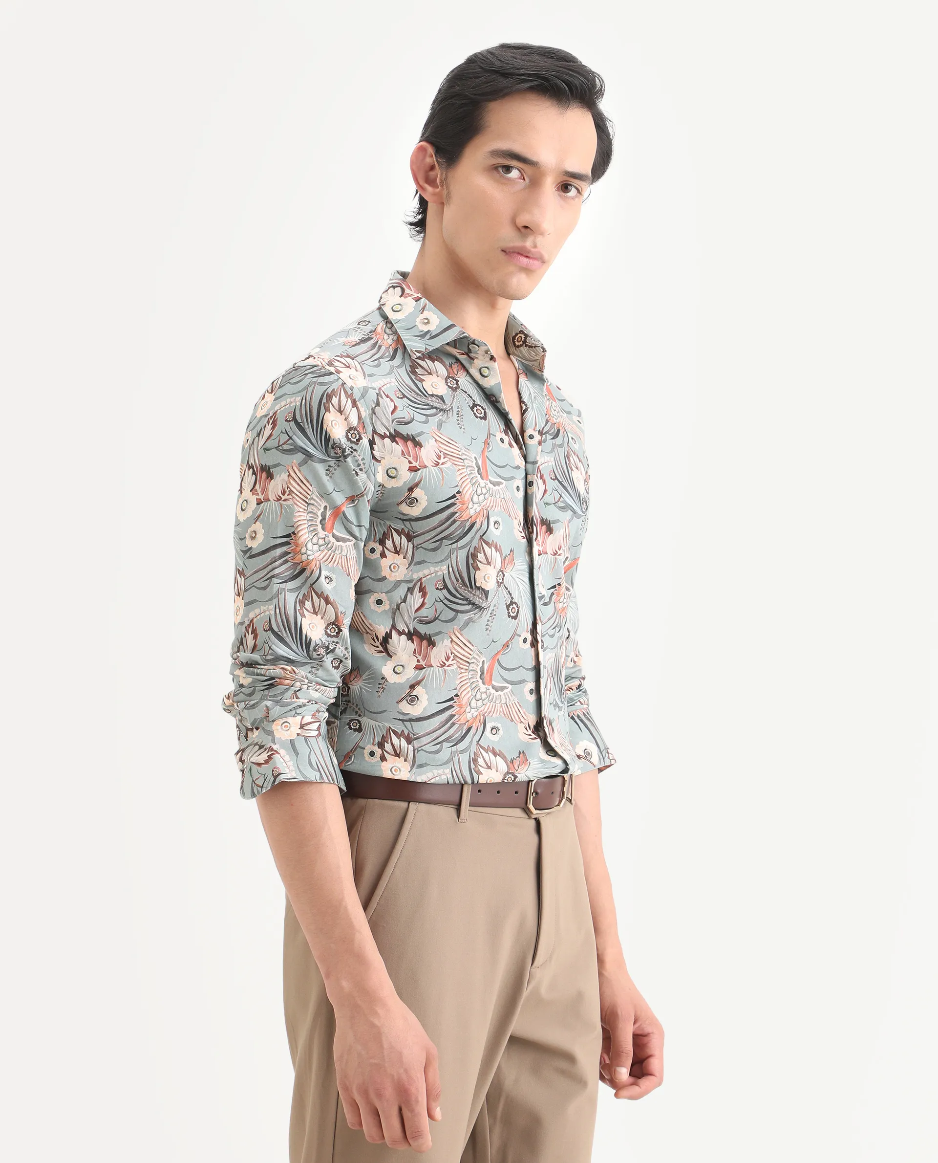 Rare Rabbit Men's Yori Dusky Green Cotton Fabric Collared Neck Regular Printed Shirt - Image 6