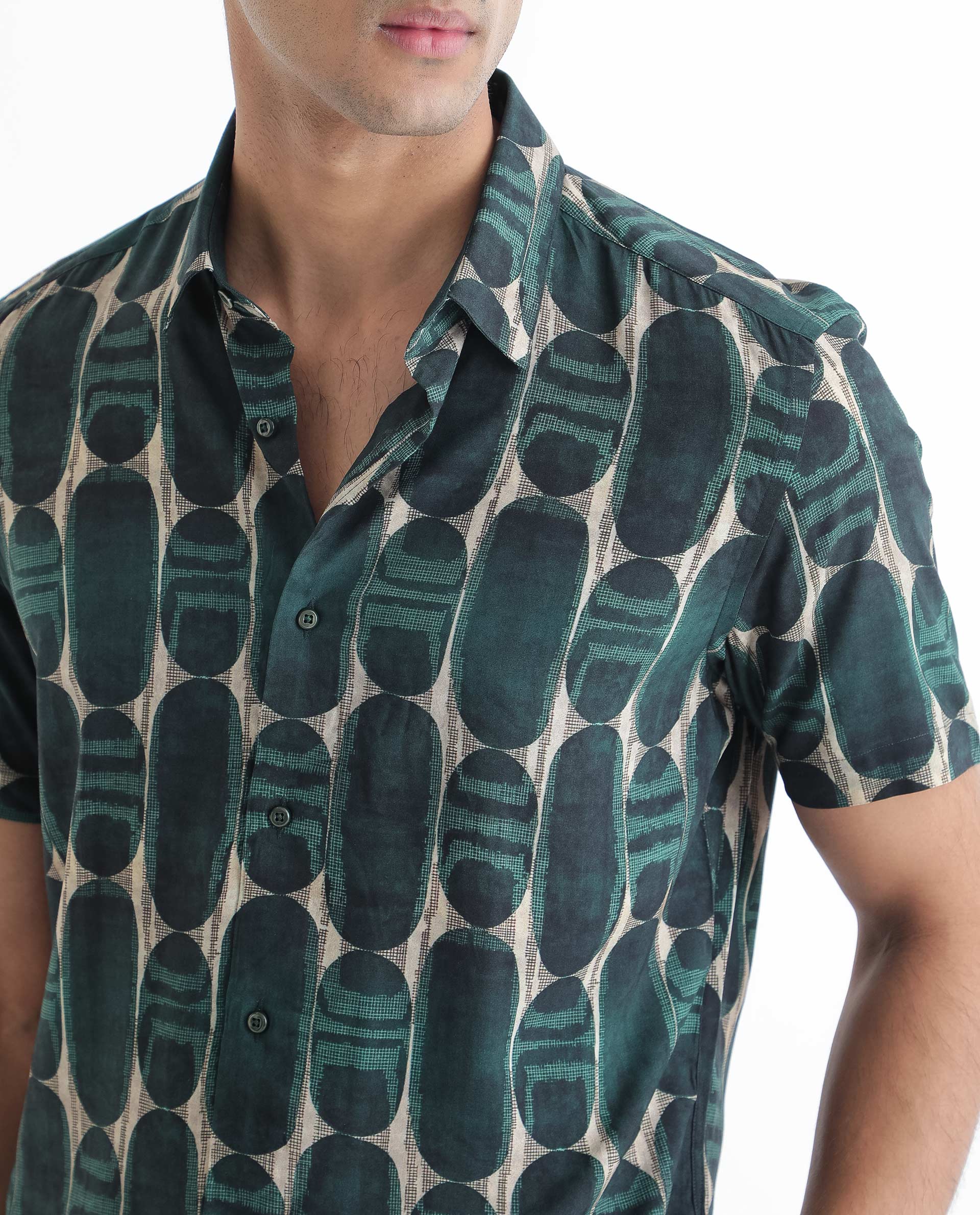 Rare Rabbit Men's York Dark Green Viscose Printed Regular Fit Half Sleeve Spread Collar Shirt - Image 2