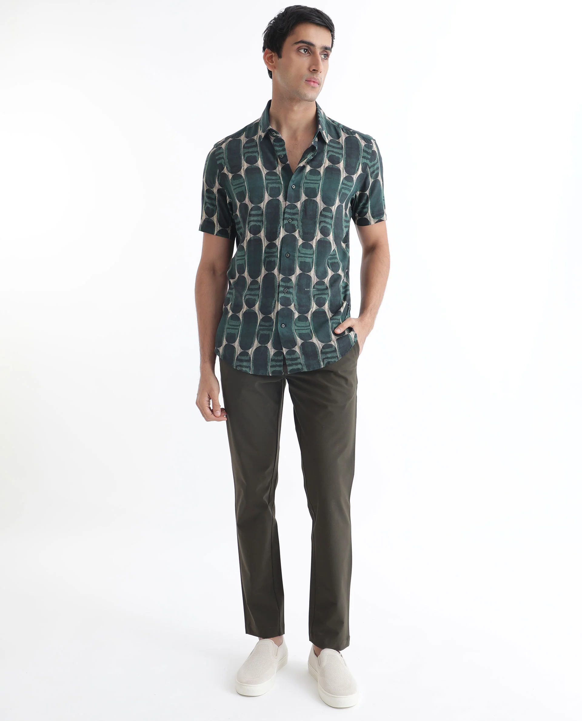 Rare Rabbit Men's York Dark Green Viscose Printed Regular Fit Half Sleeve Spread Collar Shirt - Image 3